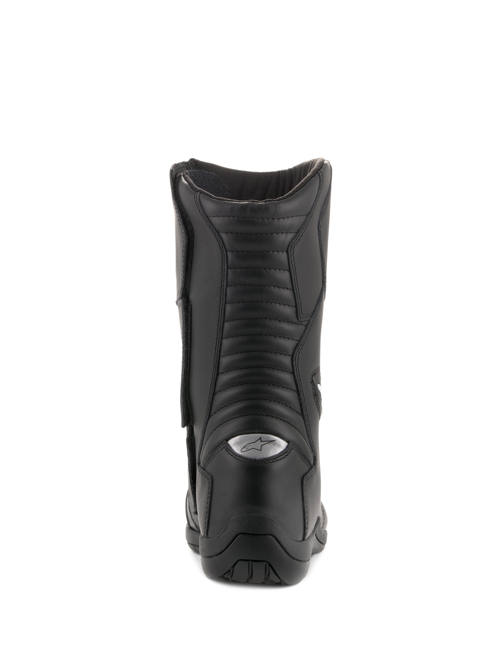 Alpinestars Andes V2 Drystar laarzen, waterdichte toerlaarzen, zwart, achteraanzicht met accordeon lederen flex-panelen en zilveren reflecterend A-star logo op de hiel, duurzaam motorschoeisel voor adventure-rijden