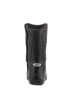 Alpinestars Andes V2 Drystar laarzen, waterdichte toerlaarzen, zwart, achteraanzicht met accordeon lederen flex-panelen en zilveren reflecterend A-star logo op de hiel, duurzaam motorschoeisel voor adventure-rijden