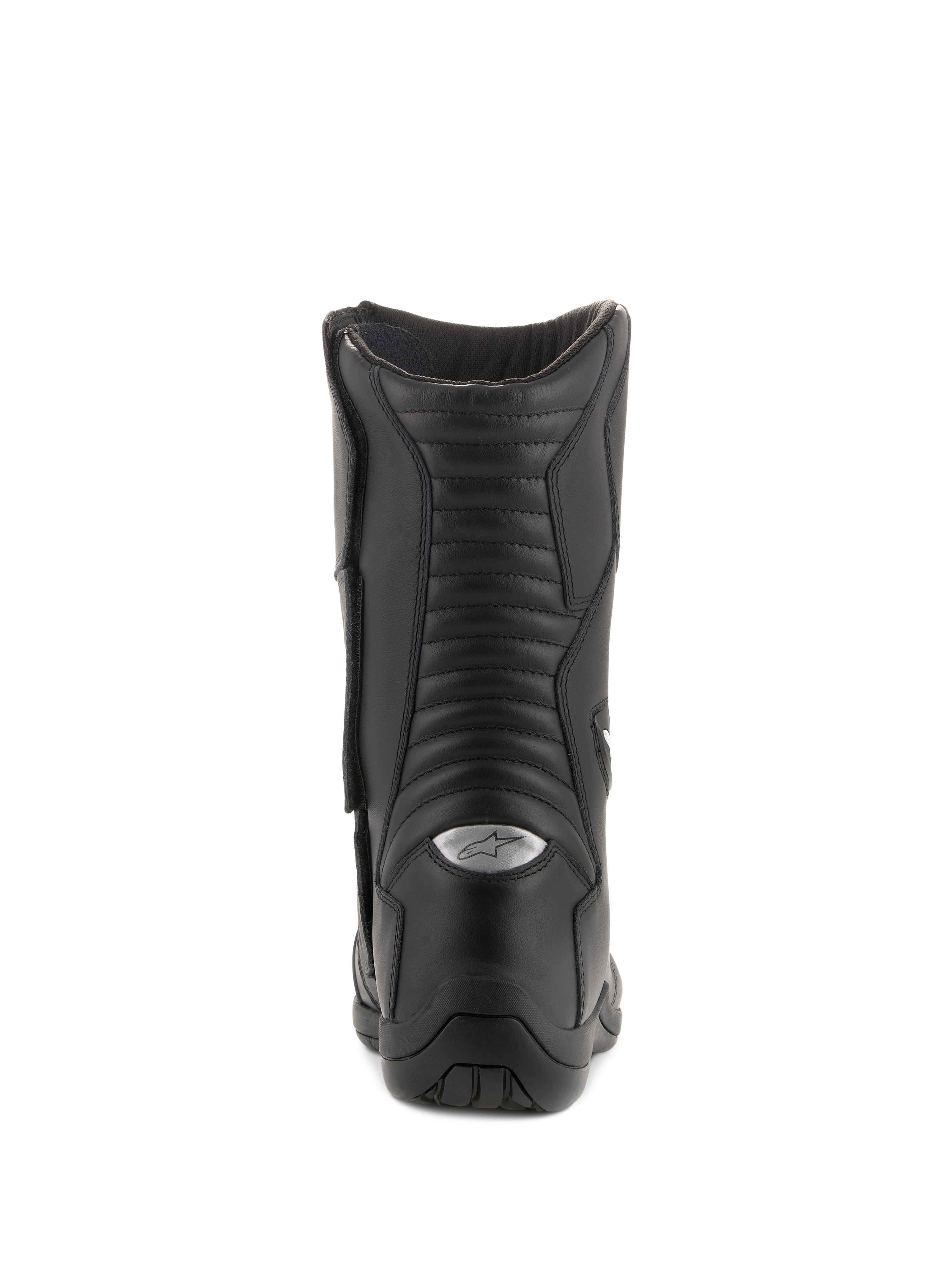 Alpinestars Andes V2 Drystar laarzen, waterdichte toerlaarzen, zwart, achteraanzicht met accordeon lederen flex-panelen en zilveren reflecterend A-star logo op de hiel, duurzaam motorschoeisel voor adventure-rijden
