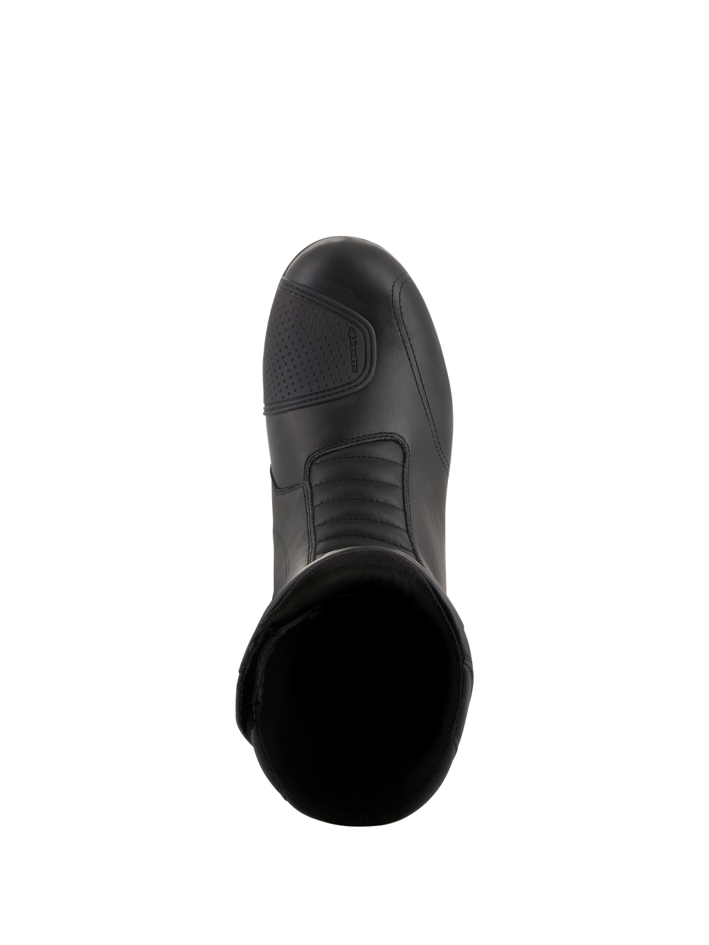 Alpinestars Andes V2 Drystar® laarzen, zwarte motor touringlaarzen, bovenaanzicht met leren bovenwerk, schakelpad met textuur en accordeon flex-zone aan de voorzijde voor waterdichte adventure ritten.