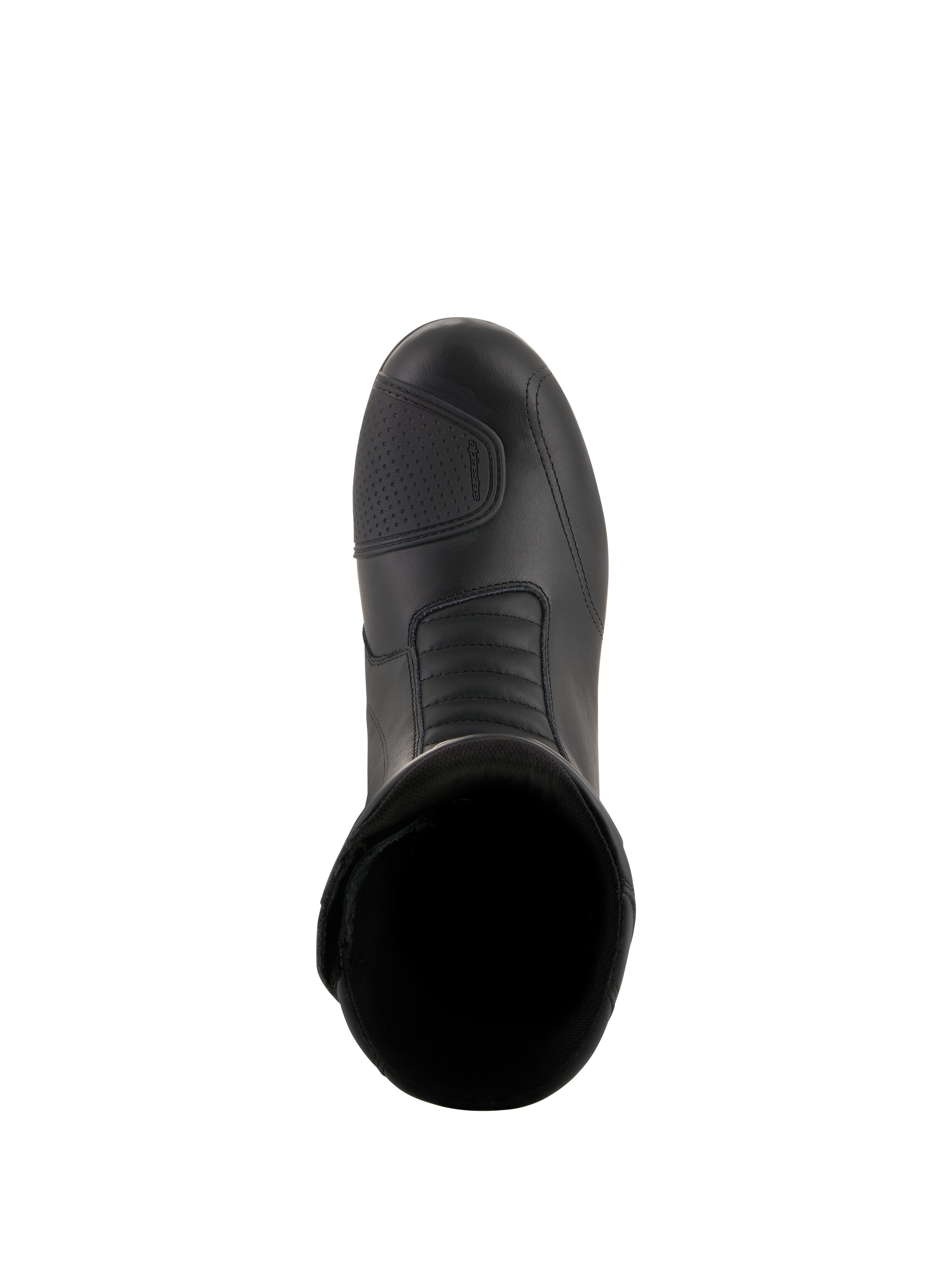 Alpinestars Andes V2 Drystar® laarzen, zwarte motor touringlaarzen, bovenaanzicht met leren bovenwerk, schakelpad met textuur en accordeon flex-zone aan de voorzijde voor waterdichte adventure ritten.