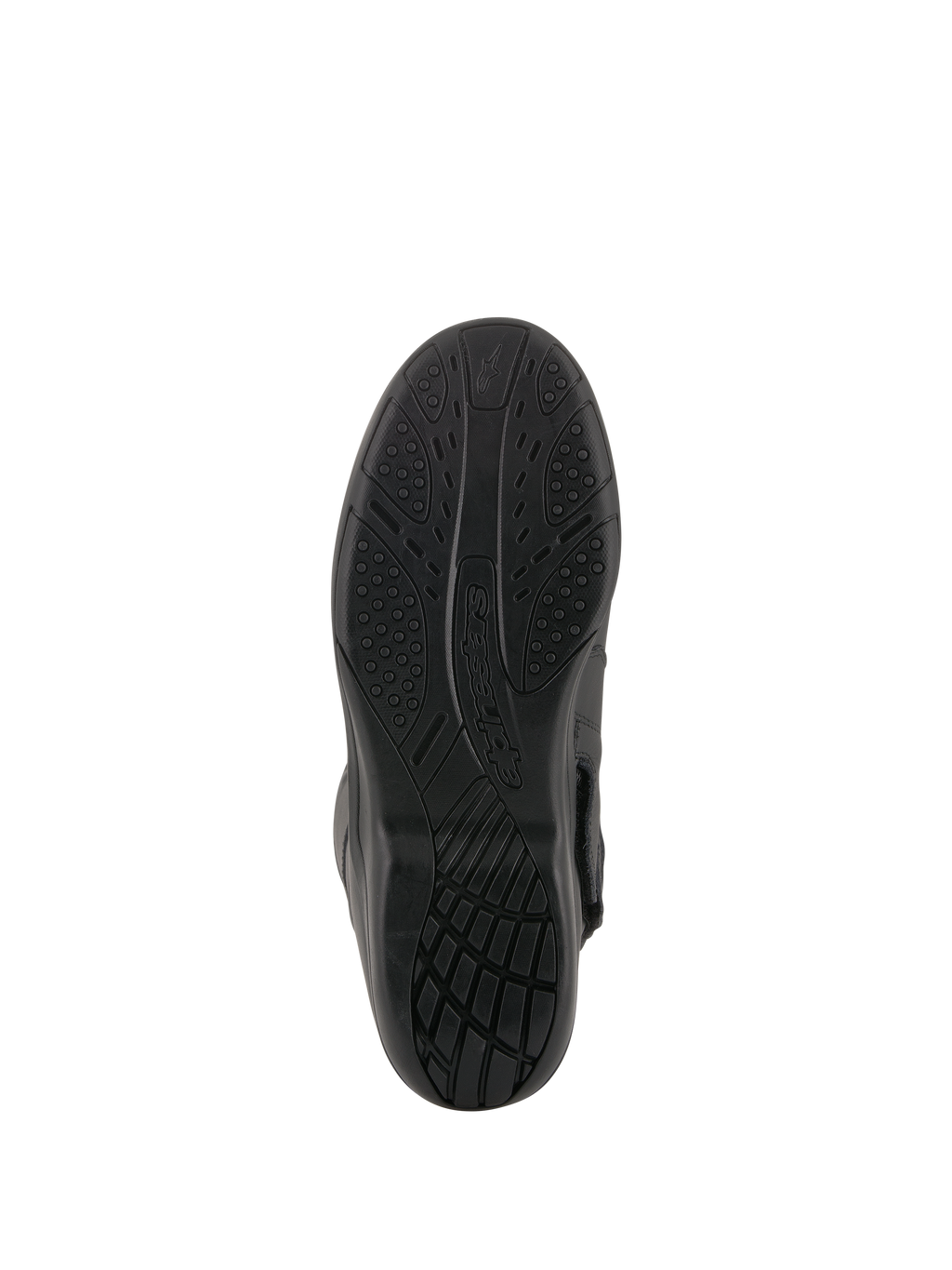 Alpinestars Andes V2 Drystar® laarzen, zwart, weergave van de gevulkaniseerde rubberen zool, getextureerd grippatroon voor waterafvoer en duurzaamheid, motor touring schoeisel