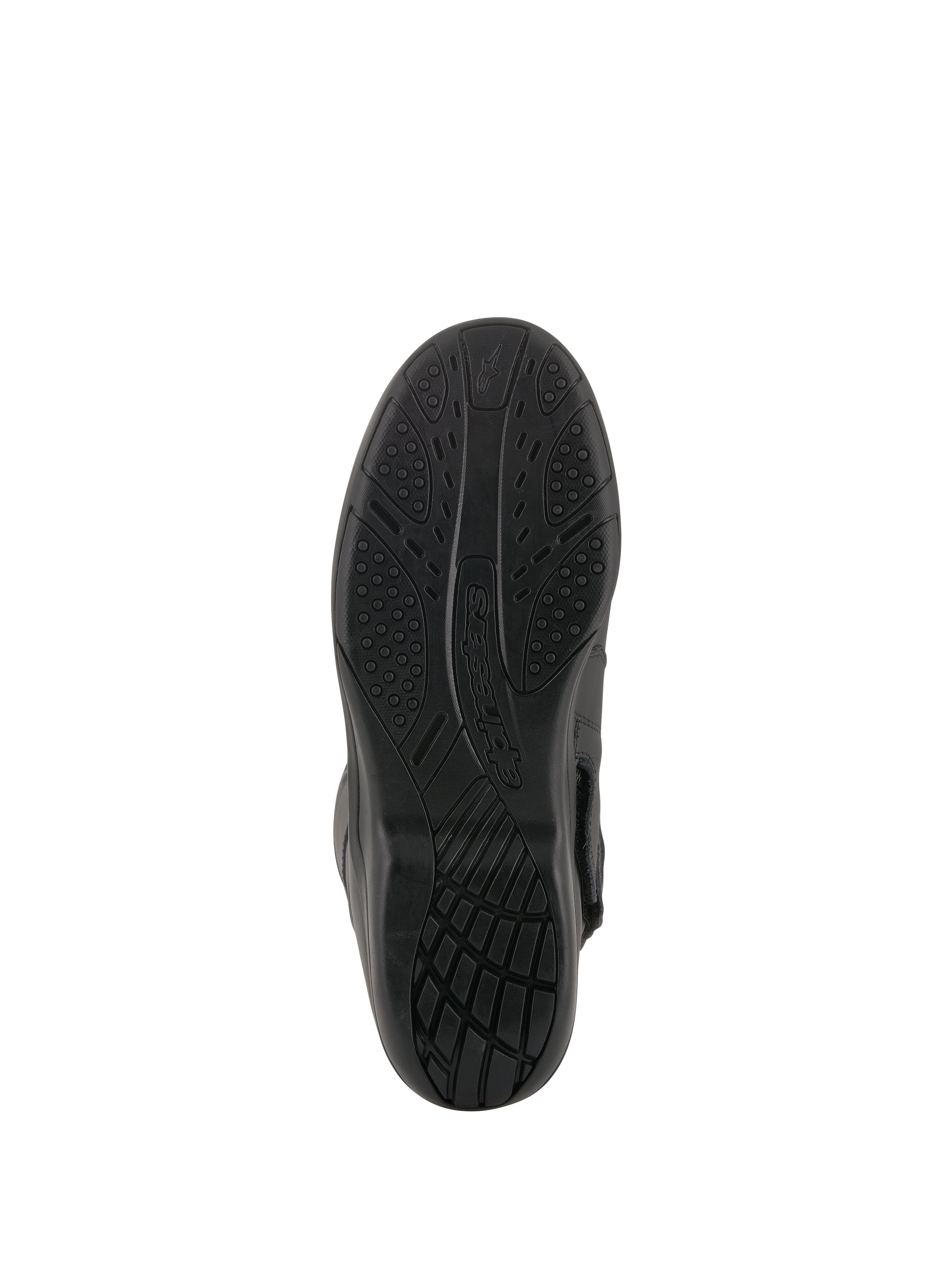 Alpinestars Andes V2 Drystar® laarzen, zwart, weergave van de gevulkaniseerde rubberen zool, getextureerd grippatroon voor waterafvoer en duurzaamheid, motor touring schoeisel