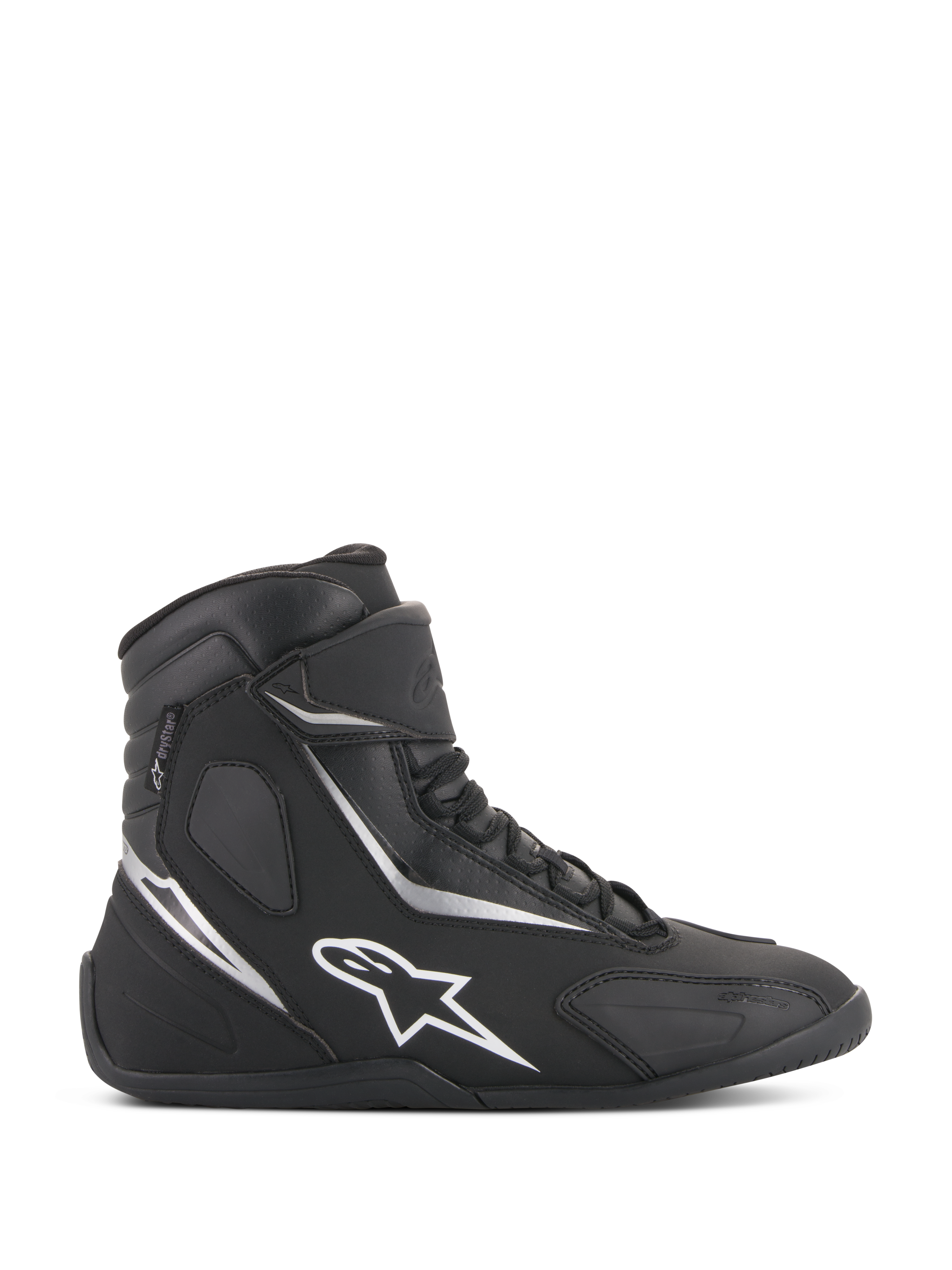 Alpinestars Fastback 2 Drystar Waterproof Shoes, Black and White High-Top Motorcycle Sneakers, side profile featuring white star logo and silver accents, lace-up closure with hook-and-loop strap, waterproof urban riding footwear