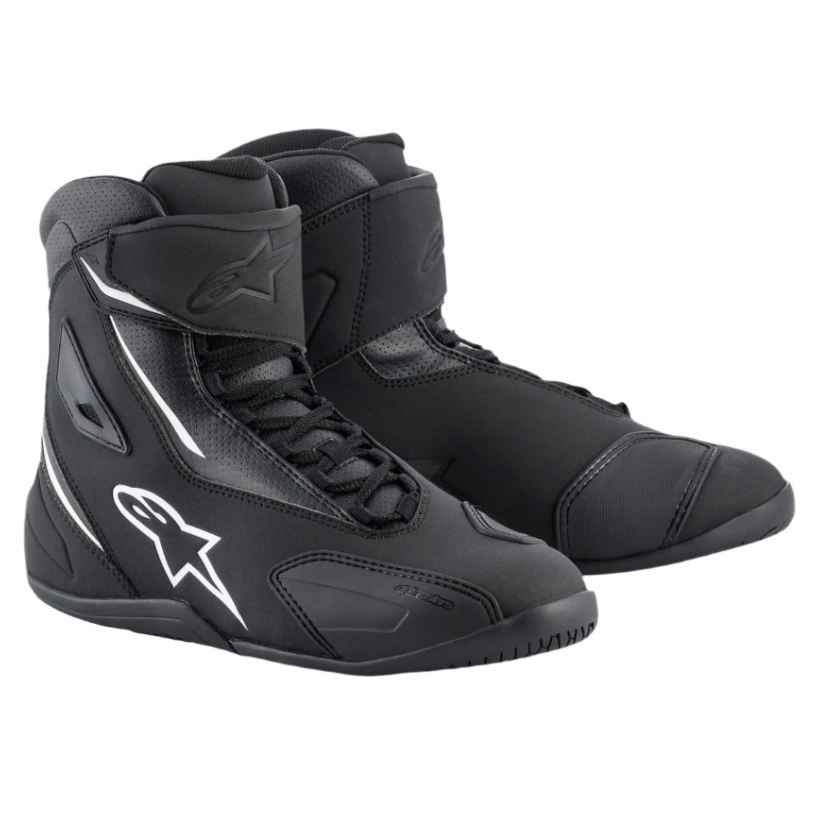 Alpinestars Fastback 2 schoenen, motorschoenen, zwart met wit logo en accenten, hoog model van nubuck microvezel, vetersluiting met klittenband aan de enkel en TPR-beschermingspanelen.
