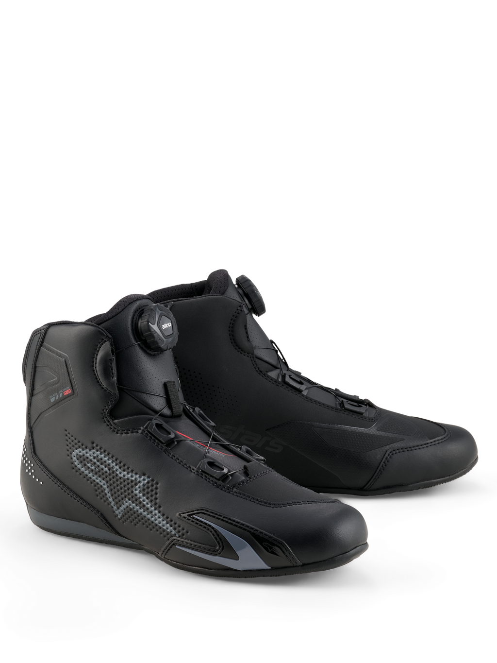 Alpinestars Celer schoenen, motorschoenen, zwart en donkergrijs, met geïntegreerd Rotor-sluitingssysteem voor een nauwkeurige pasvorm, technische microvezelconstructie met geperforeerd sterlogo, laag sportontwerp voor racen en straatgebruik