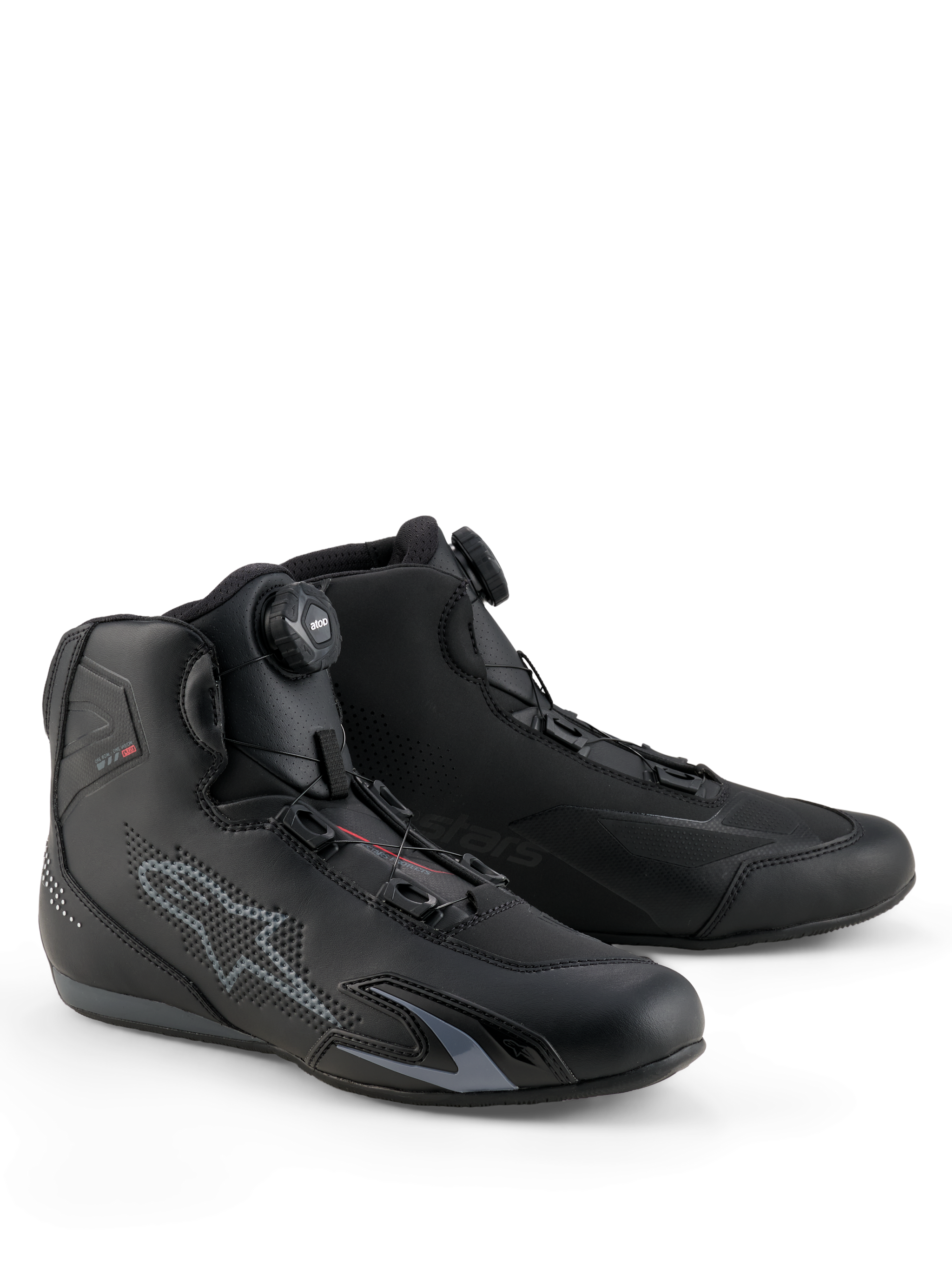 Alpinestars Celer schoenen, motorschoenen, zwart en donkergrijs, met geïntegreerd Rotor-sluitingssysteem voor een nauwkeurige pasvorm, technische microvezelconstructie met geperforeerd sterlogo, laag sportontwerp voor racen en straatgebruik