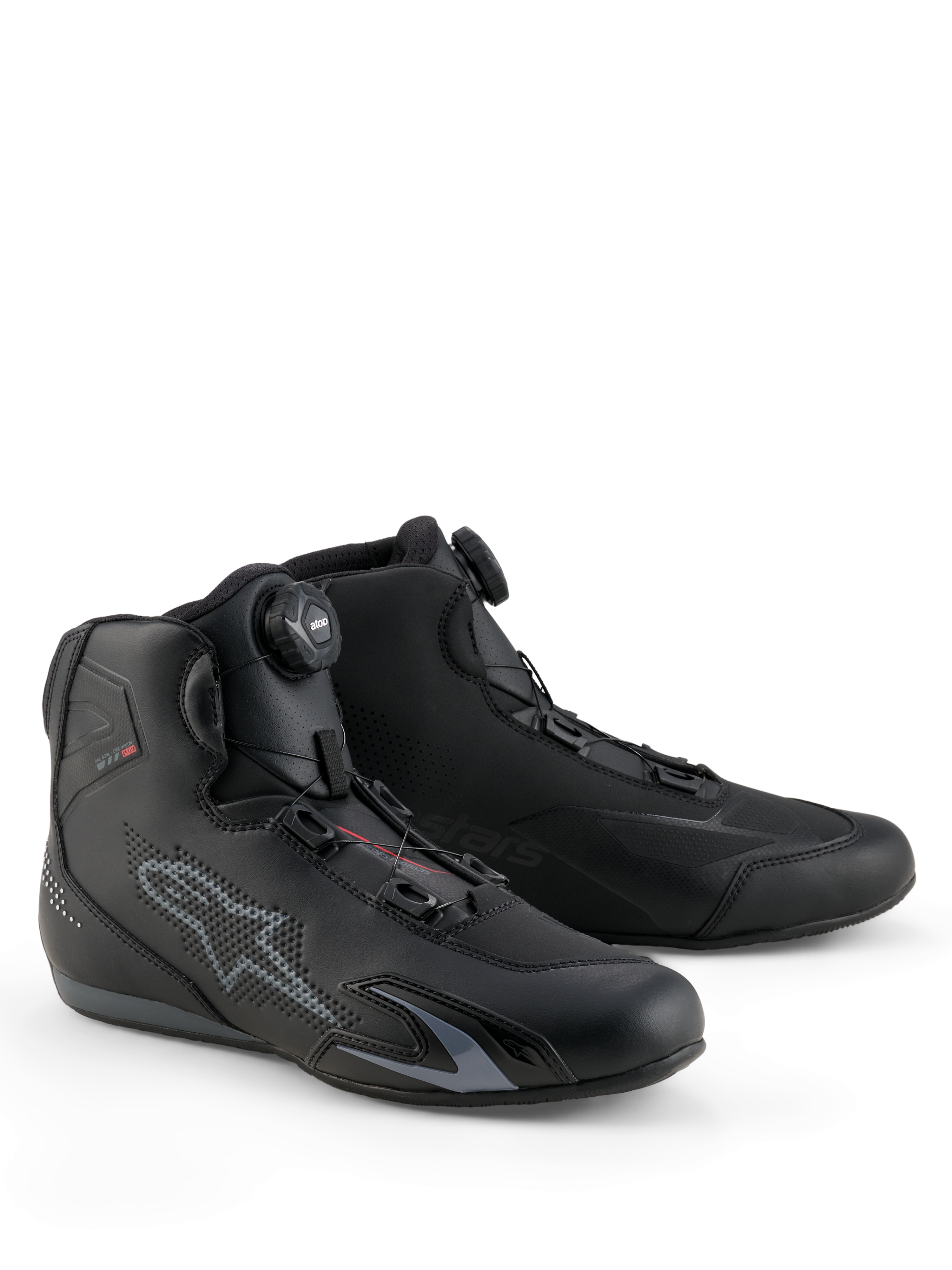Alpinestars Celer schoenen, motorschoenen, zwart en donkergrijs, met geïntegreerd Rotor-sluitingssysteem voor een nauwkeurige pasvorm, technische microvezelconstructie met geperforeerd sterlogo, laag sportontwerp voor racen en straatgebruik