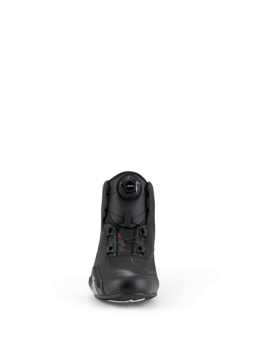 Alpinestars Celer schoenen, motorschoenen, zwart, vooraanzicht met het geïntegreerde Rotor Closure System-draaisysteem, technische microvezelconstructie met een gestroomlijnd profiel en versterkte neus.