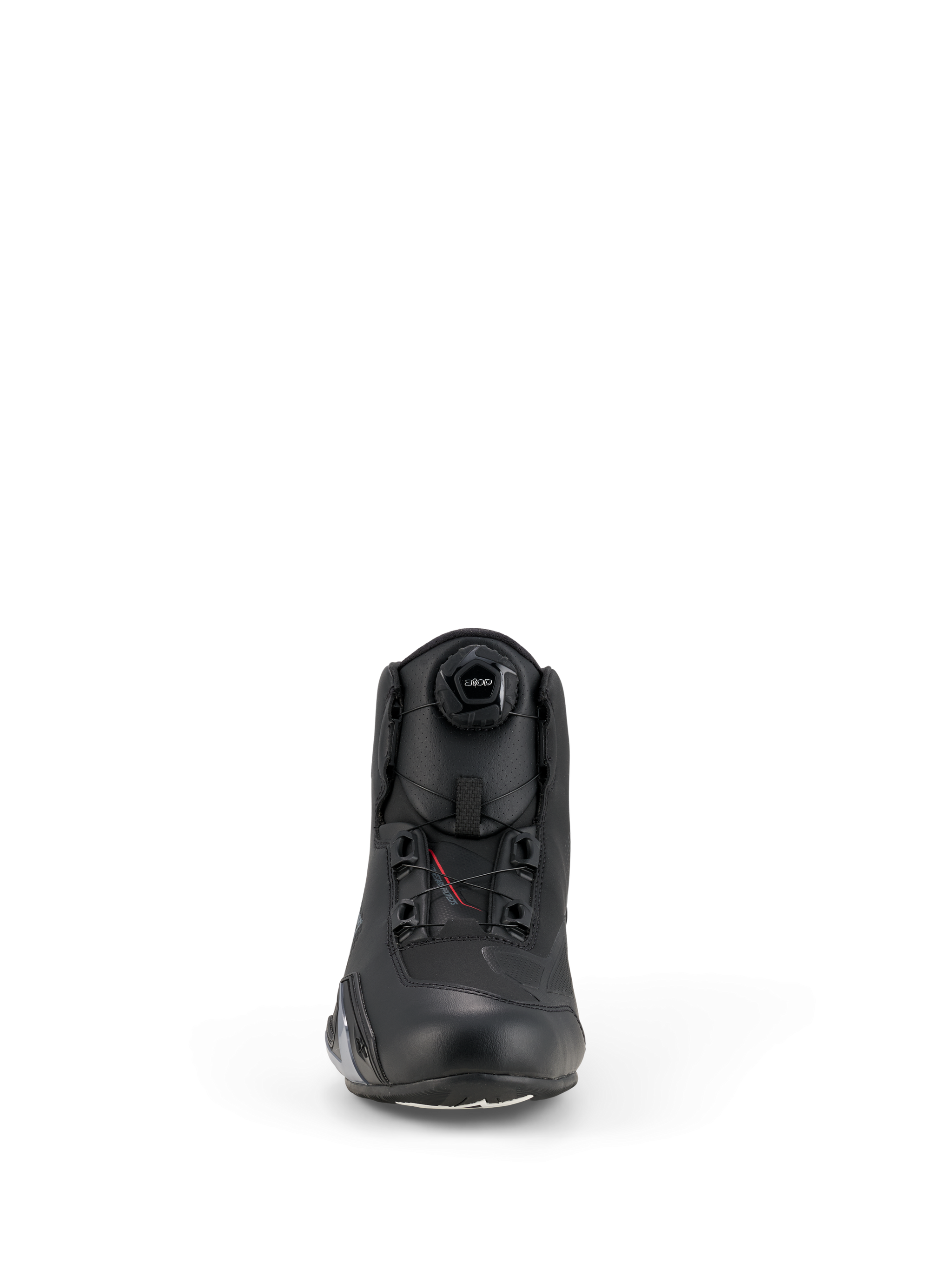 Alpinestars Celer schoenen, motorschoenen, zwart, vooraanzicht met het geïntegreerde Rotor Closure System-draaisysteem, technische microvezelconstructie met een gestroomlijnd profiel en versterkte neus.