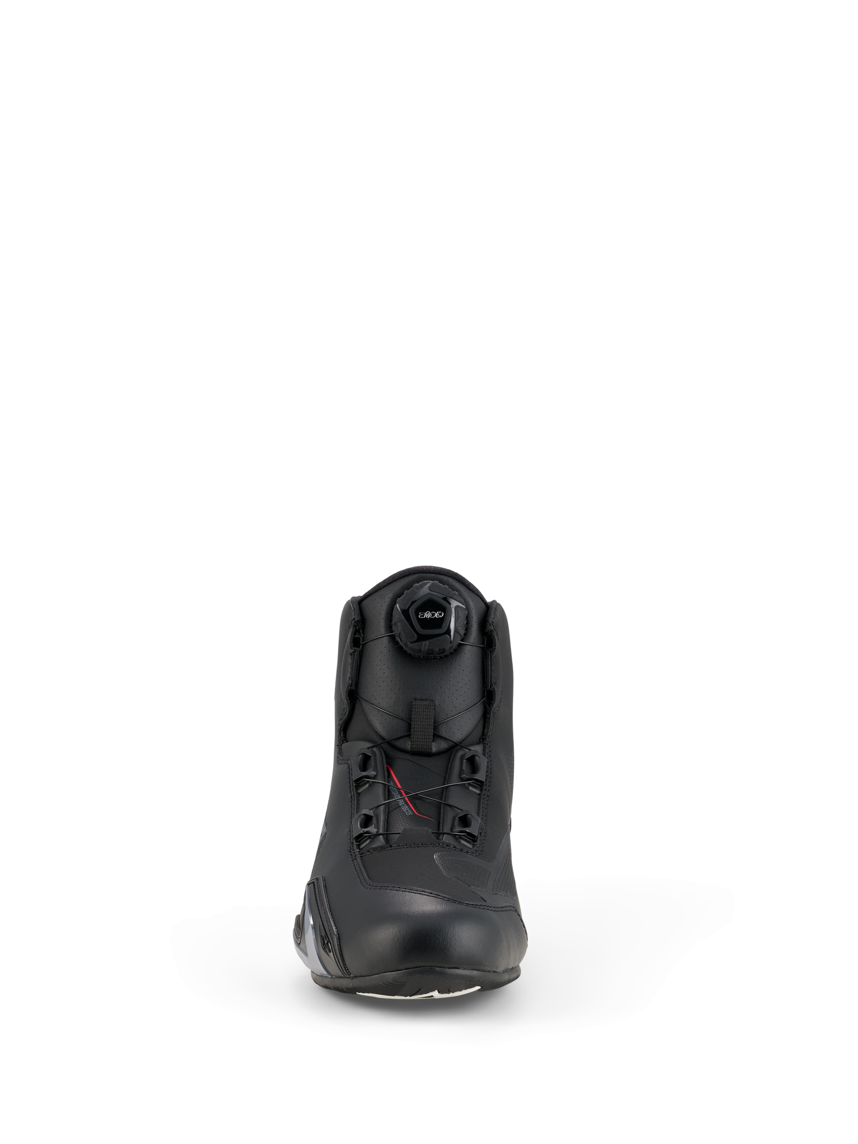 Alpinestars Celer schoenen, motorschoenen, zwart, vooraanzicht met het geïntegreerde Rotor Closure System-draaisysteem, technische microvezelconstructie met een gestroomlijnd profiel en versterkte neus.