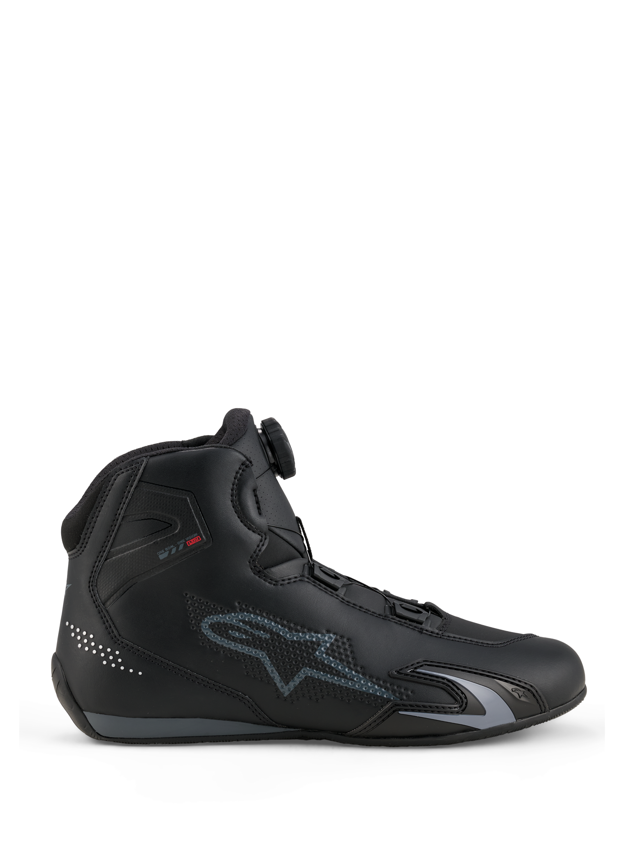 Alpinestars Celer schoenen, motorschoenen, zwart en donkergrijs, zijaanzicht met de draaiknop van het Rotor Closure System op de tong, technisch microvezel bovenwerk met grijs Alpinestars-logo, gestroomlijnd sport- en raceprofiel