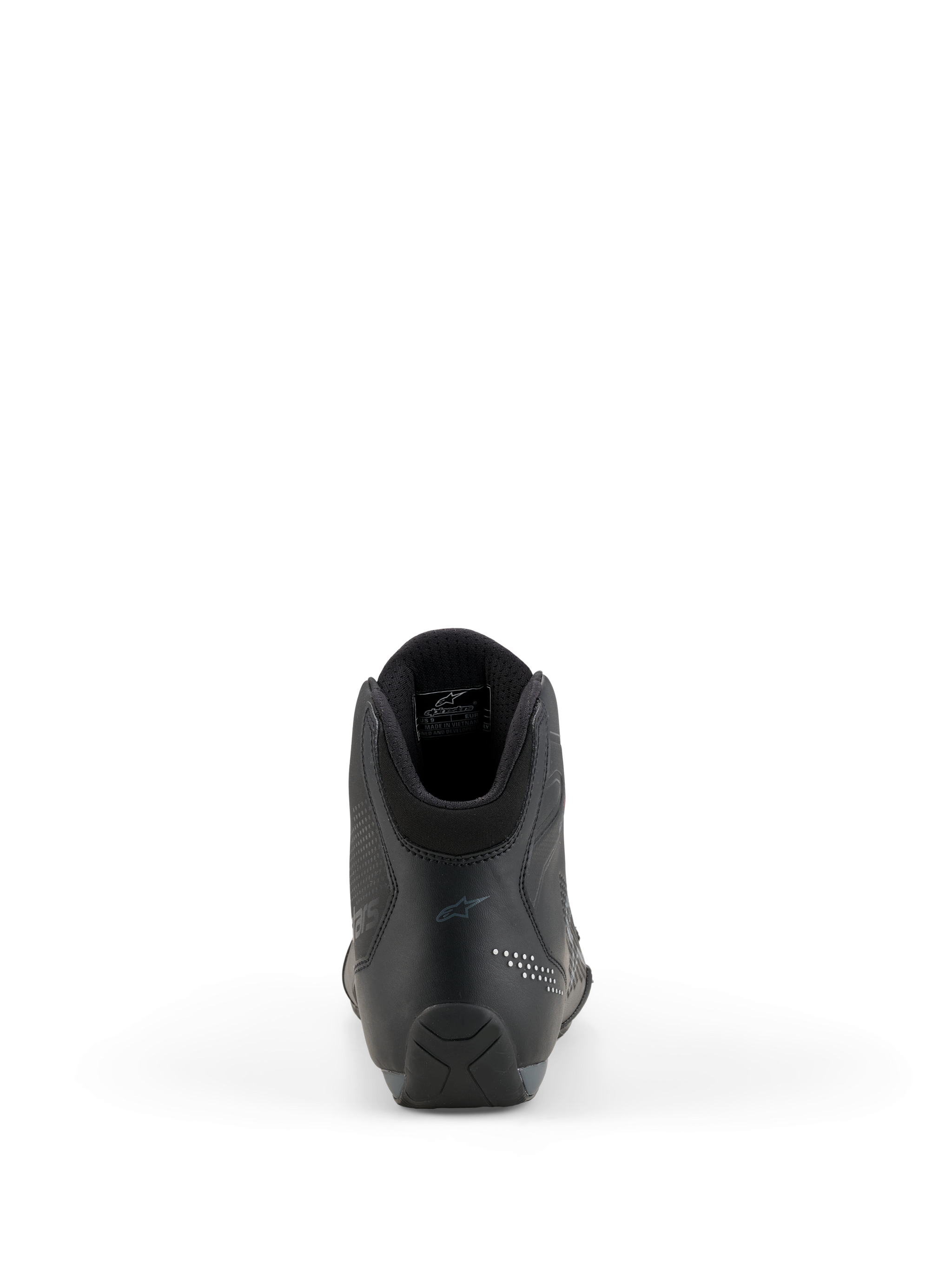 Alpinestars Celer Shoes, motorschoenen, zwart en donkergrijs, achteraanzicht met de nadruk op de verstevigde hiel, enkelkraag en subtiele branding, technische microvezelconstructie voor sport- en racerijders