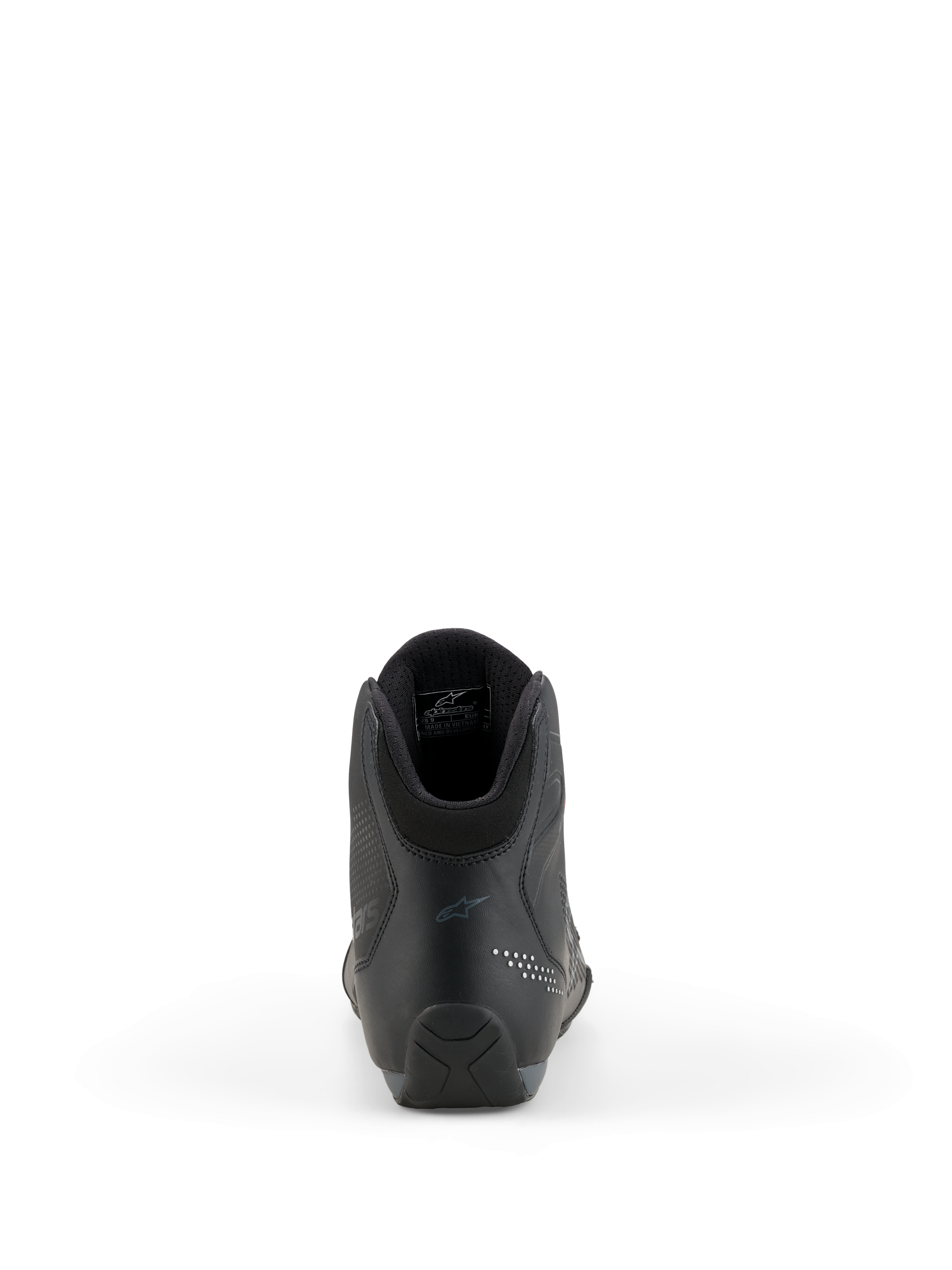 Alpinestars Celer Shoes, motorschoenen, zwart en donkergrijs, achteraanzicht met de nadruk op de verstevigde hiel, enkelkraag en subtiele branding, technische microvezelconstructie voor sport- en racerijders