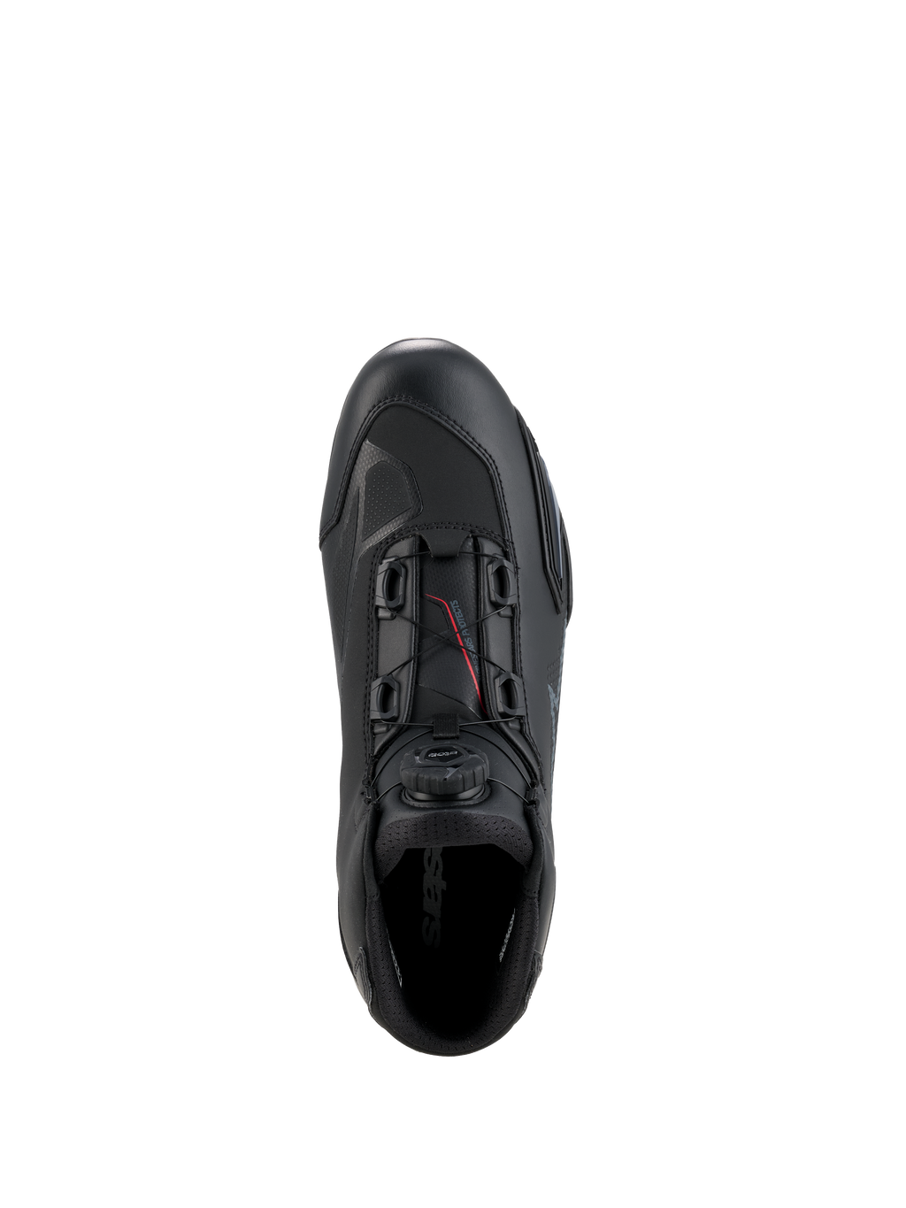 Alpinestars Celer schoenen, motorschoenen, zwart en donkergrijs, bovenaanzicht met de draaiknop en kabels van het Rotor-sluitingssysteem, technische microvezelconstructie met gestroomlijnd raceprofiel, beschermend sportief schoeisel