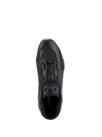 Alpinestars Celer schoenen, motorschoenen, zwart en donkergrijs, bovenaanzicht met de draaiknop en kabels van het Rotor-sluitingssysteem, technische microvezelconstructie met gestroomlijnd raceprofiel, beschermend sportief schoeisel