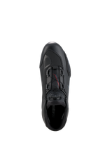 Alpinestars Celer schoenen, motorschoenen, zwart en donkergrijs, bovenaanzicht met de draaiknop en kabels van het Rotor-sluitingssysteem, technische microvezelconstructie met gestroomlijnd raceprofiel, beschermend sportief schoeisel