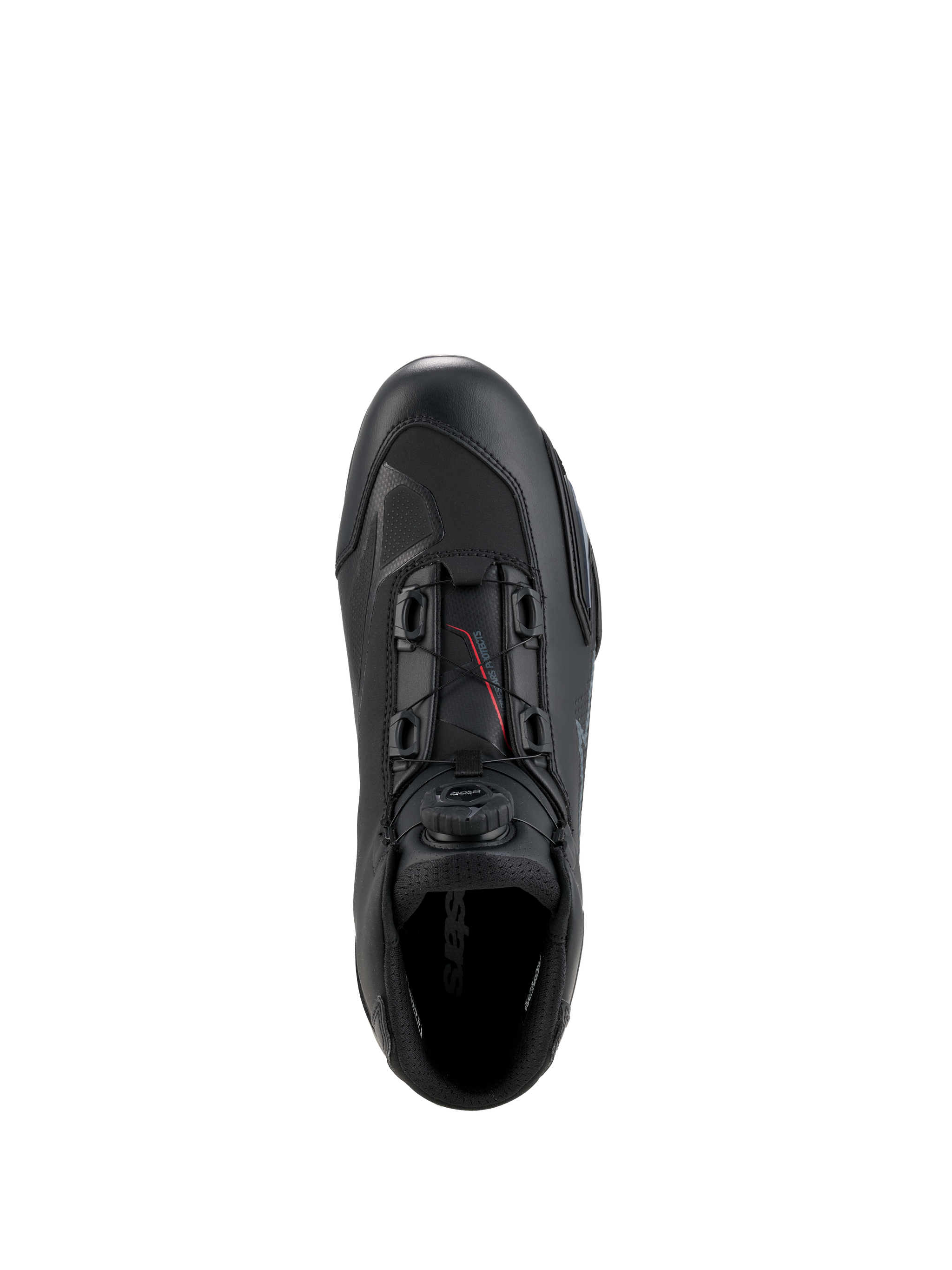 Alpinestars Celer schoenen, motorschoenen, zwart en donkergrijs, bovenaanzicht met de draaiknop en kabels van het Rotor-sluitingssysteem, technische microvezelconstructie met gestroomlijnd raceprofiel, beschermend sportief schoeisel