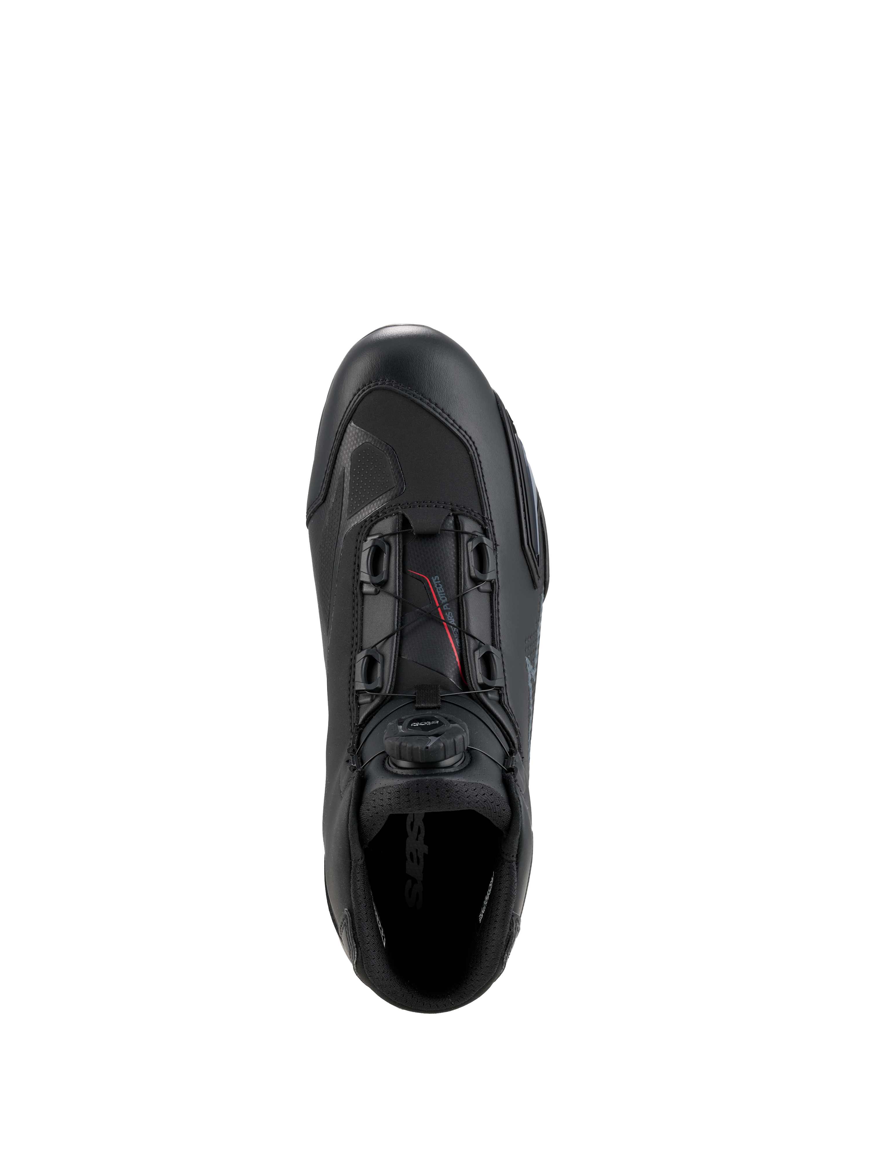 Alpinestars Celer schoenen, motorschoenen, zwart en donkergrijs, bovenaanzicht met de draaiknop en kabels van het Rotor-sluitingssysteem, technische microvezelconstructie met gestroomlijnd raceprofiel, beschermend sportief schoeisel