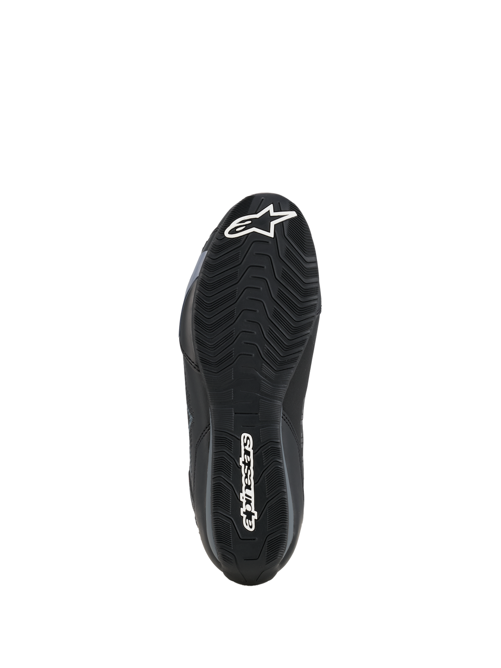 Alpinestars Celer Schoenen, onderkant van de zool, zwart oliebestendig rubbermengsel met getextureerd golvend grippatroon, voorzien van witte Alpinestars-branding op de neus en hiel, ontworpen voor grip op de voetsteunen van de motor