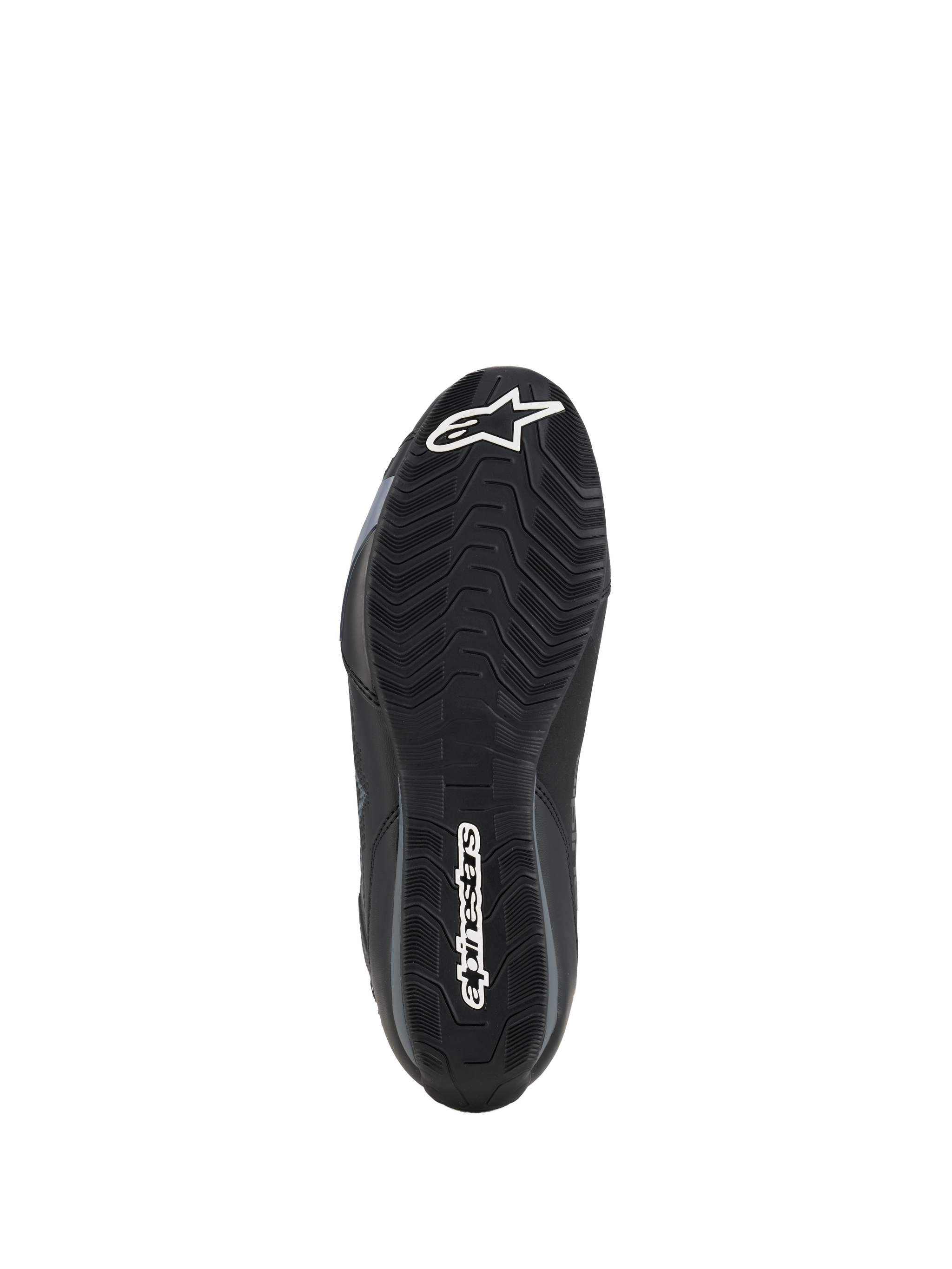 Alpinestars Celer Schoenen, onderkant van de zool, zwart oliebestendig rubbermengsel met getextureerd golvend grippatroon, voorzien van witte Alpinestars-branding op de neus en hiel, ontworpen voor grip op de voetsteunen van de motor