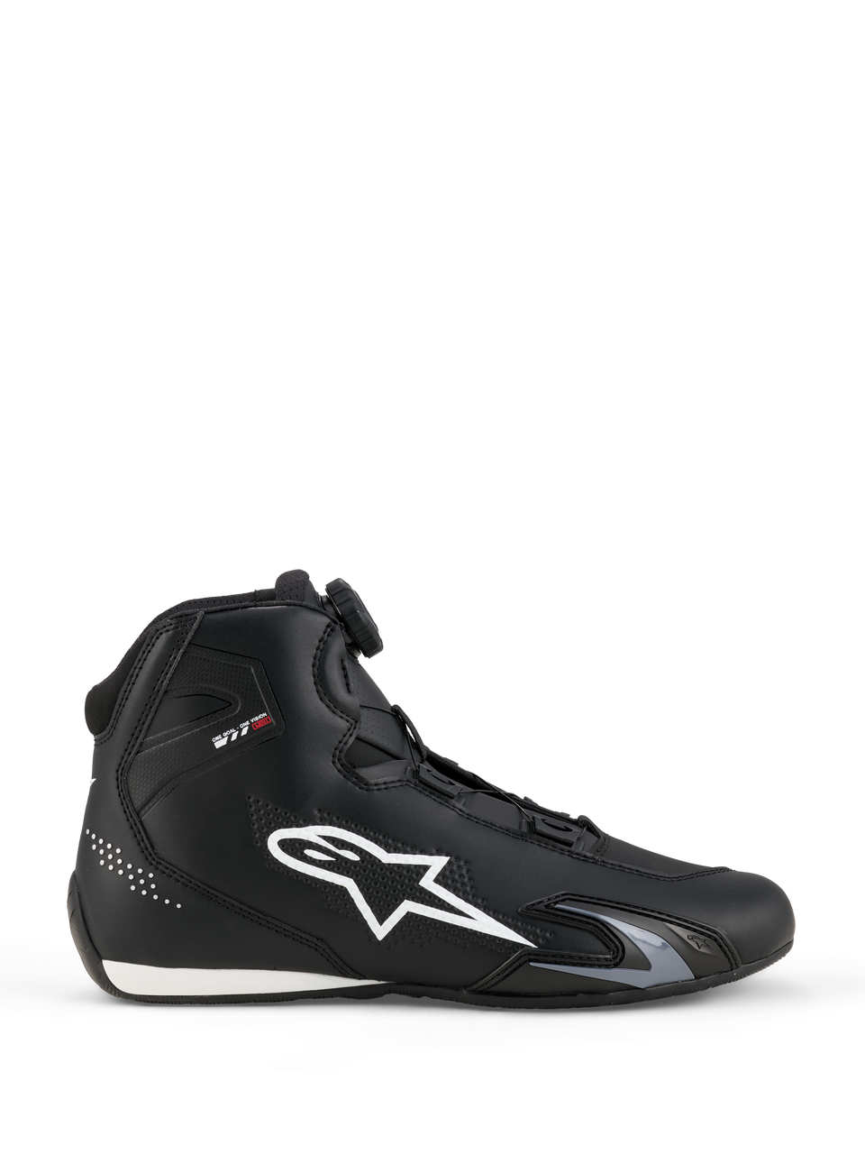 Alpinestars Celer Shoes, Motorcycle Riding Shoes, Black and White, lateral side profile with large white star logo, Rotor Closure System dial for fit adjustment, and sleek sport-performance silhouette