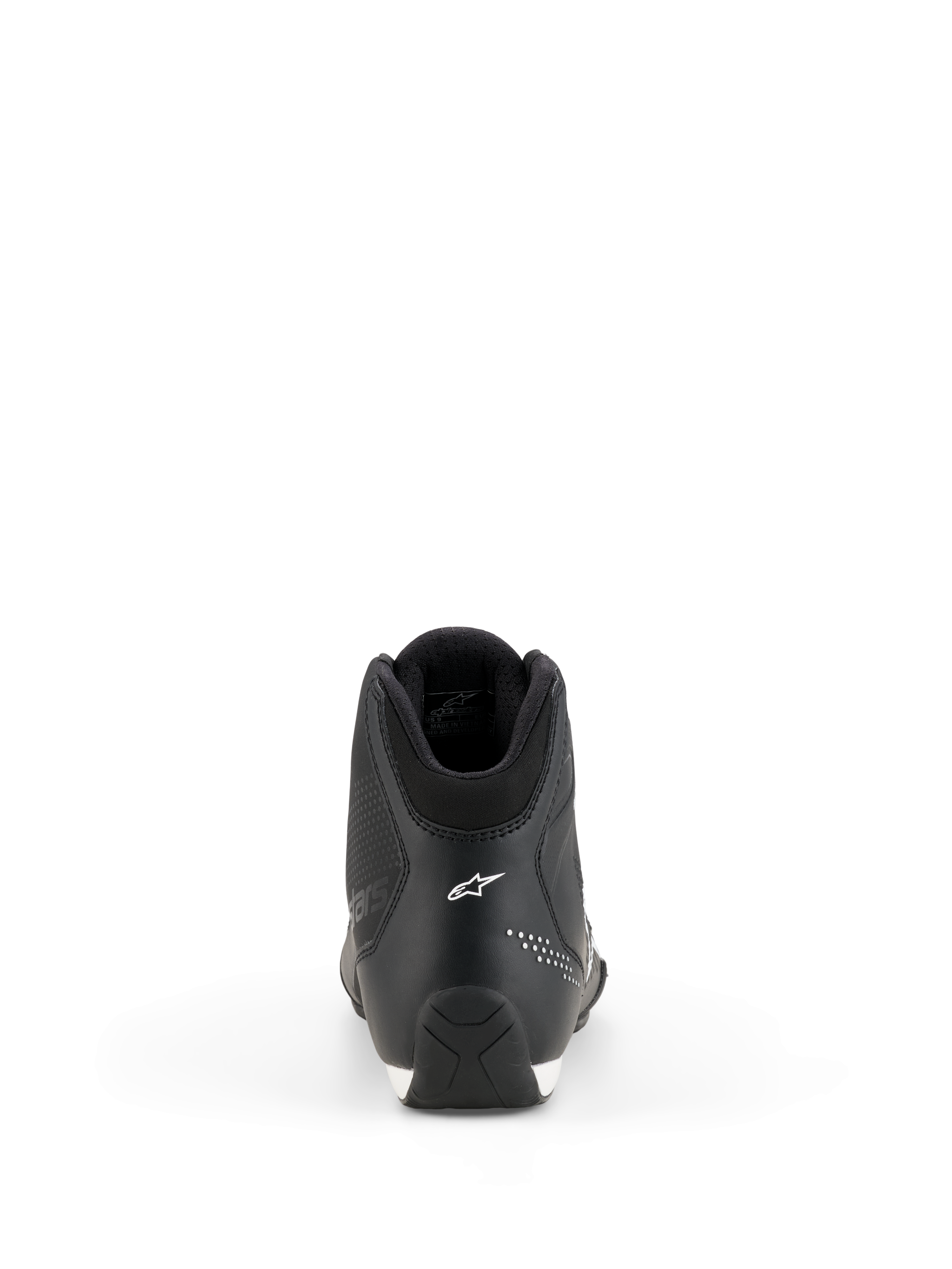 Alpinestars Celer schoenen, motorschoenen, zwart en wit, achteraanzicht van de hielconstructie, wit Alpinestars sterlogo, micro-geperforeerde details en rubberen zool met textuur voor sportieve rijprestaties