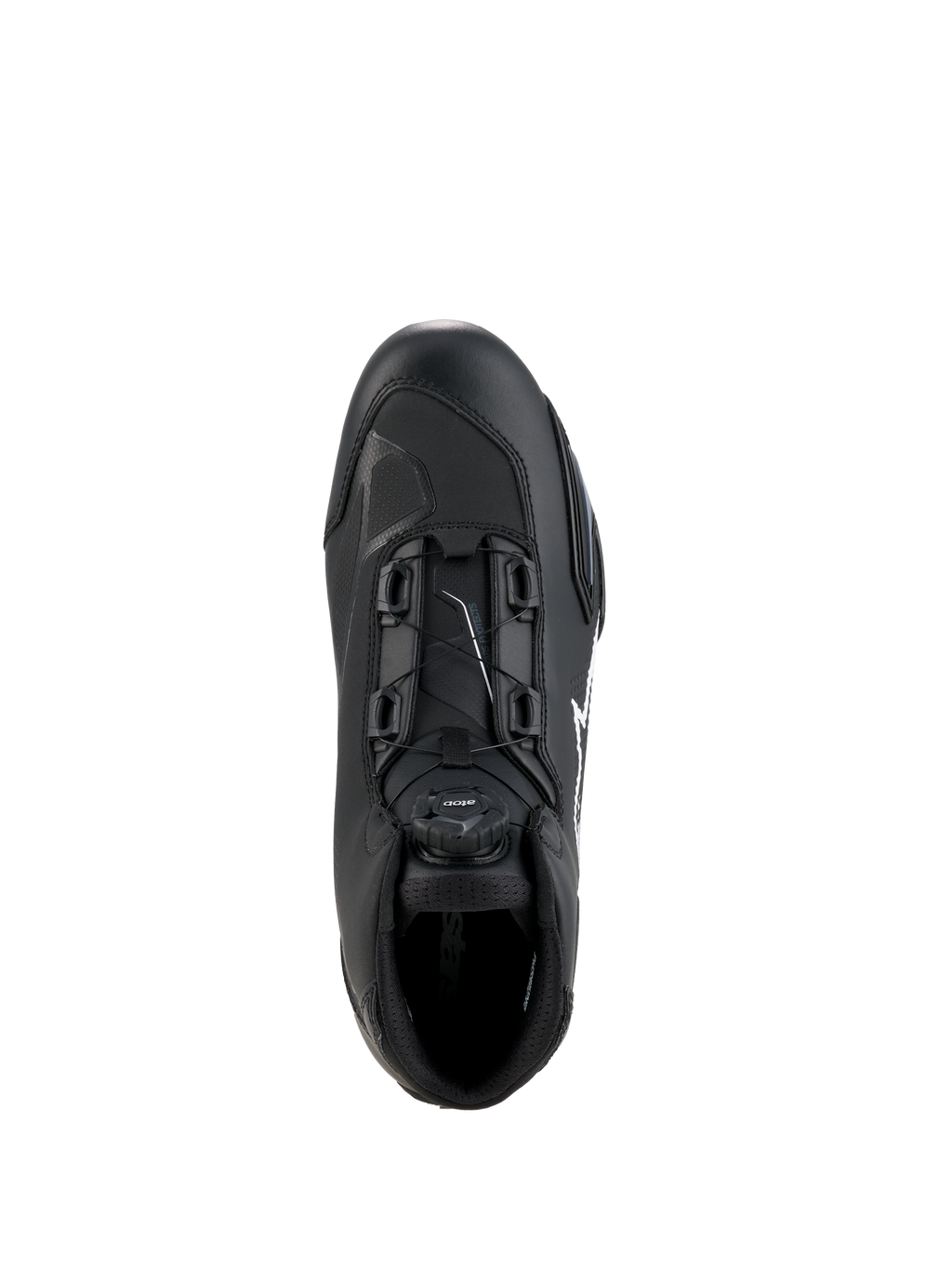Alpinestars Celer Schoenen, zwart en wit, bovenaanzicht met focus op de draaiknop van het Rotor Sluitingssysteem, technische microvezelconstructie, strak sportief rij-silhouet