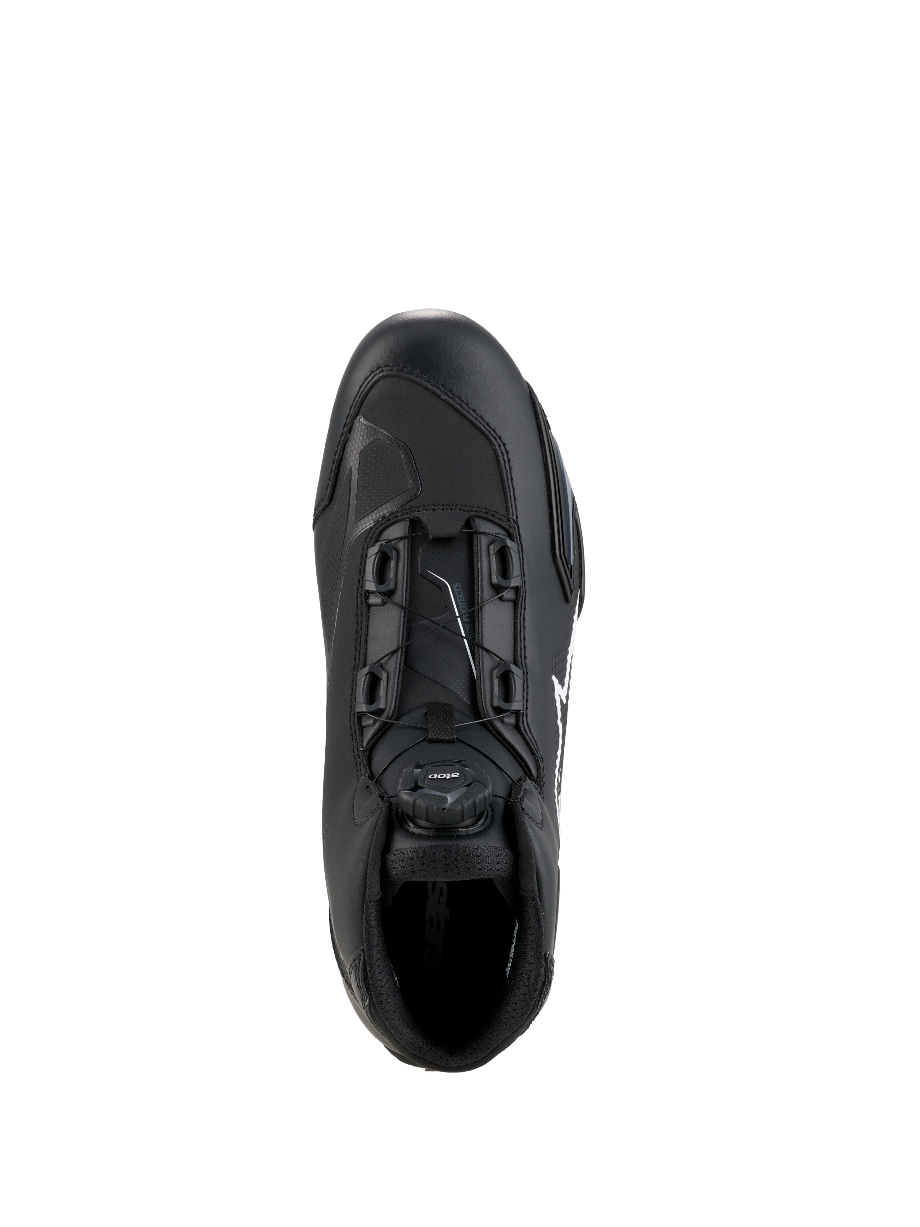 Alpinestars Celer Schoenen, zwart en wit, bovenaanzicht met focus op de draaiknop van het Rotor Sluitingssysteem, technische microvezelconstructie, strak sportief rij-silhouet