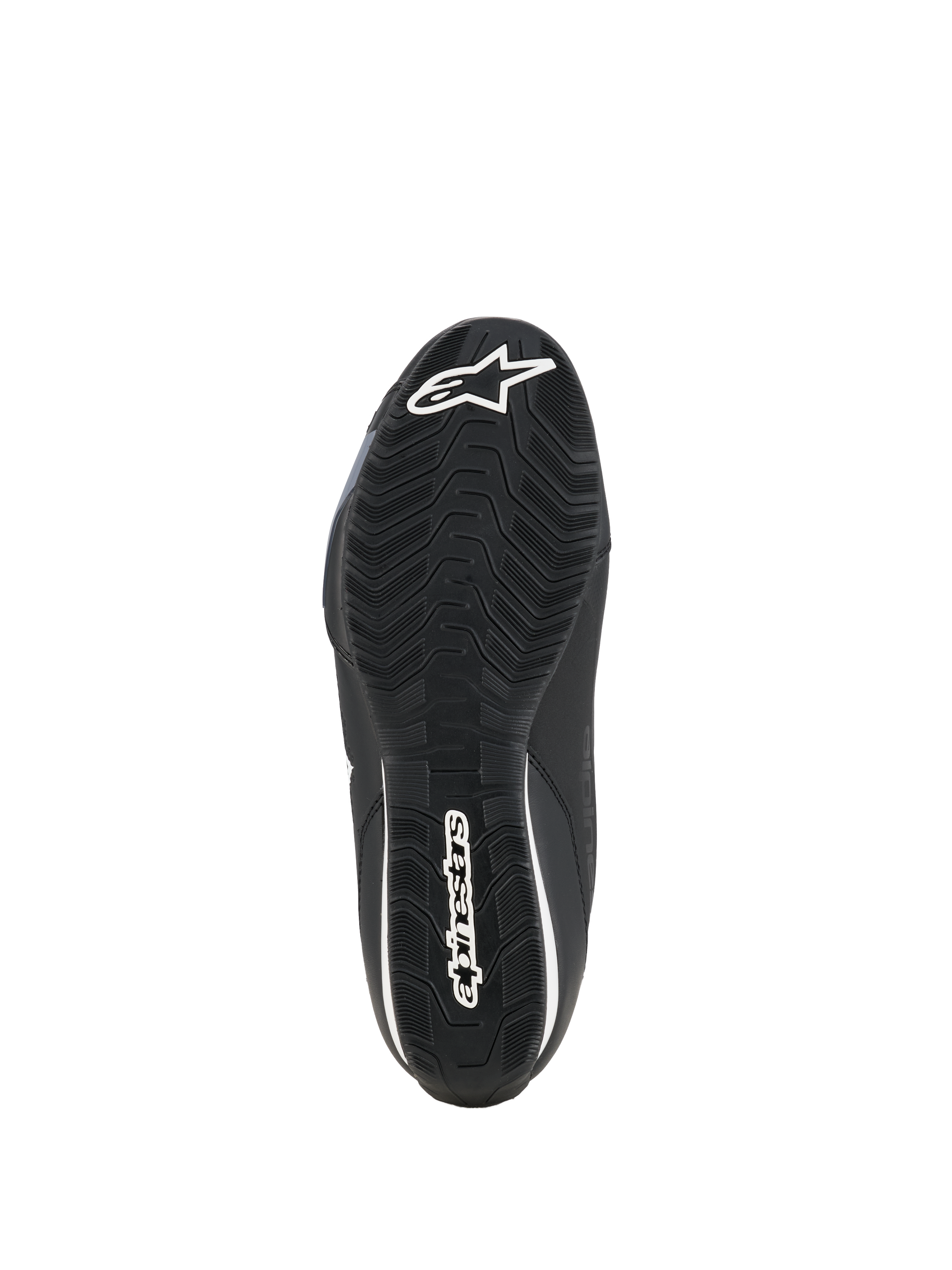 Alpinestars Celer Shoes, motorschoenen, Black White, onderaanzicht van de oliebestendige rubberen zool met een getextureerd grippatroon en witte Alpinestars-branding.