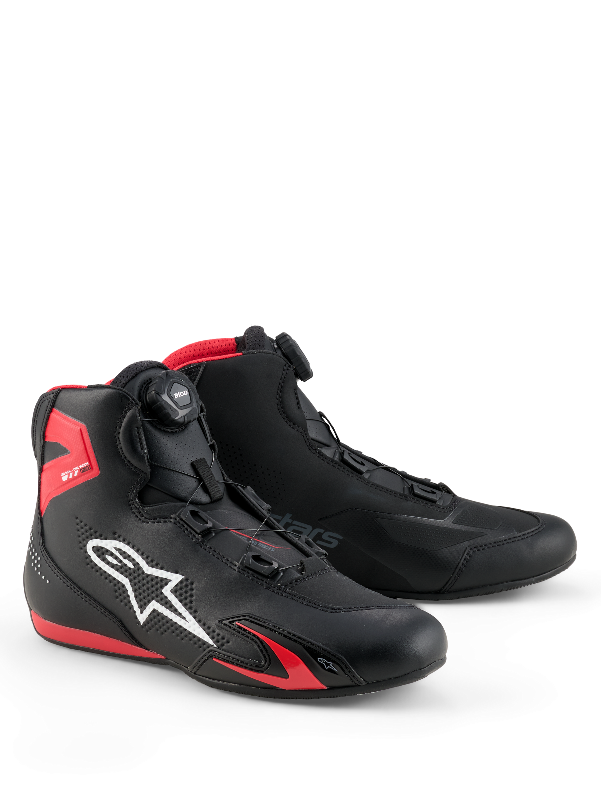 Alpinestars Celer schoenen, motorschoenen, zwart en felrood, voorzien van wit Astars-logo, micrometrisch draaisluitingssysteem en technische microvezelconstructie met rode TPU-accenten, gestroomlijnd sportief ontwerp voor racen en rijden op de weg