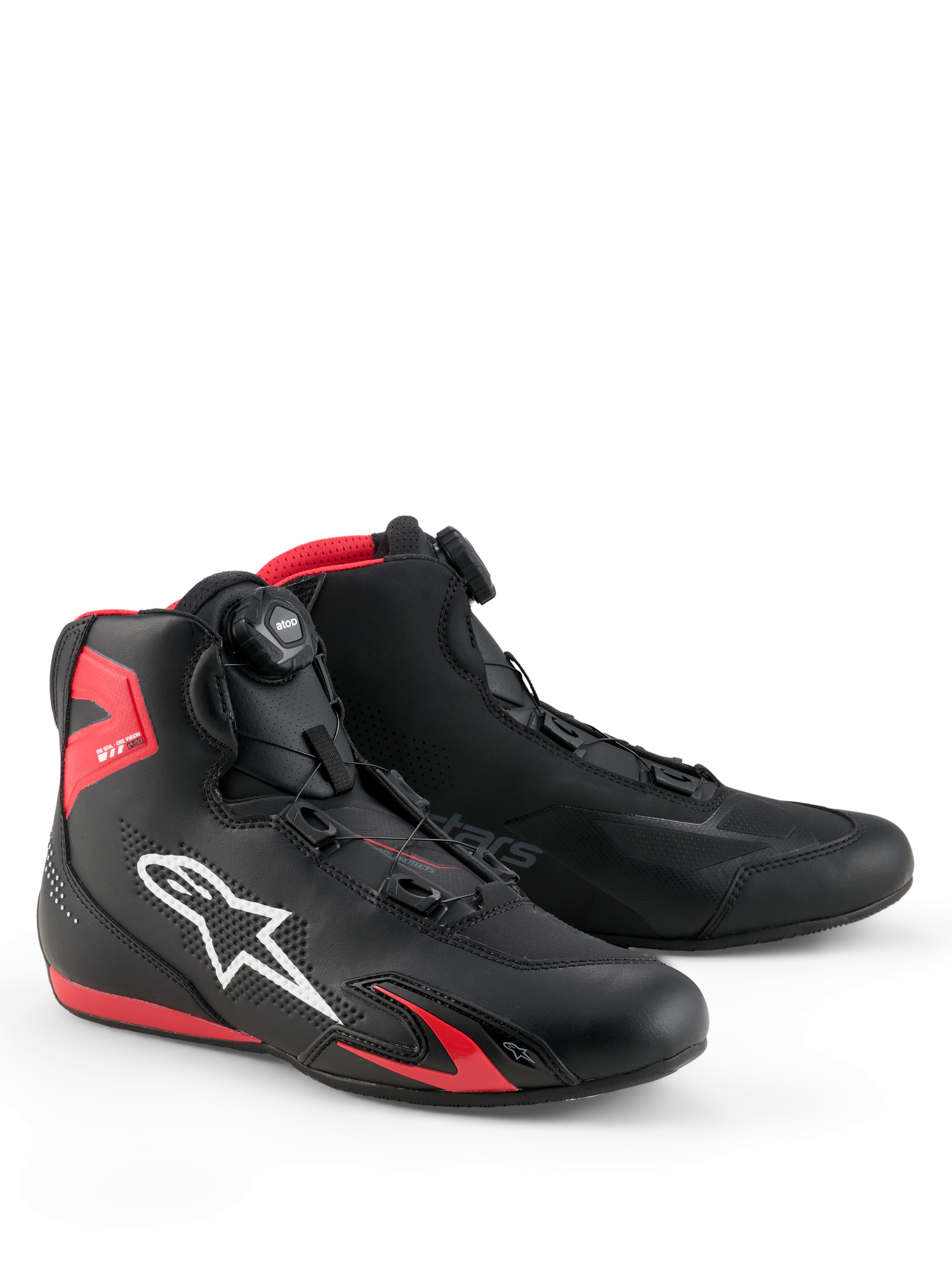 Alpinestars Celer schoenen, motorschoenen, zwart en felrood, voorzien van wit Astars-logo, micrometrisch draaisluitingssysteem en technische microvezelconstructie met rode TPU-accenten, gestroomlijnd sportief ontwerp voor racen en rijden op de weg