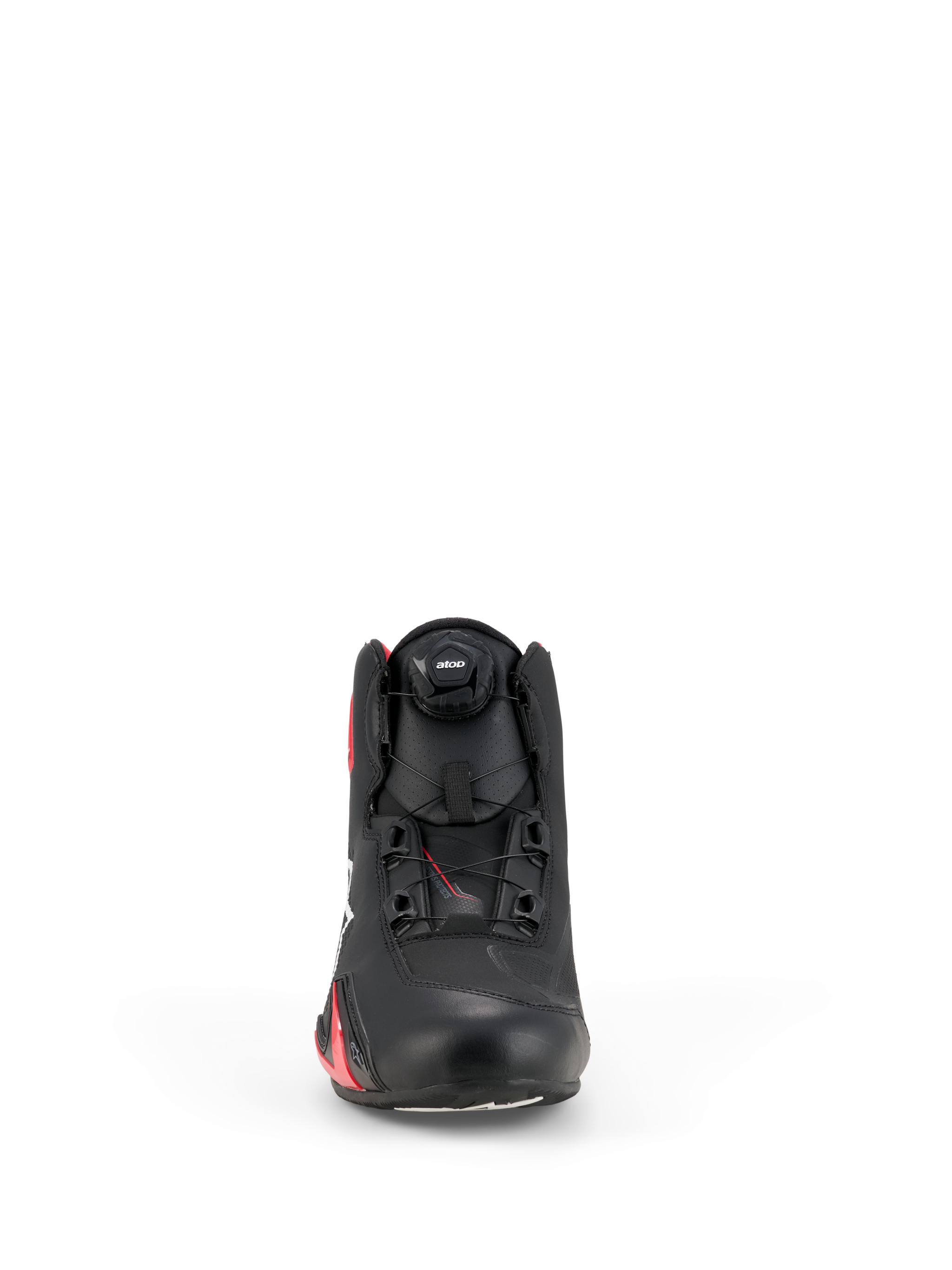 Alpinestars Celer schoenen, motorschoenen, zwart en felrood, vooraanzicht met het Rotor-sluitingssysteem, technisch microvezel bovenwerk en gestroomlijnd, op racen geïnspireerd ontwerp