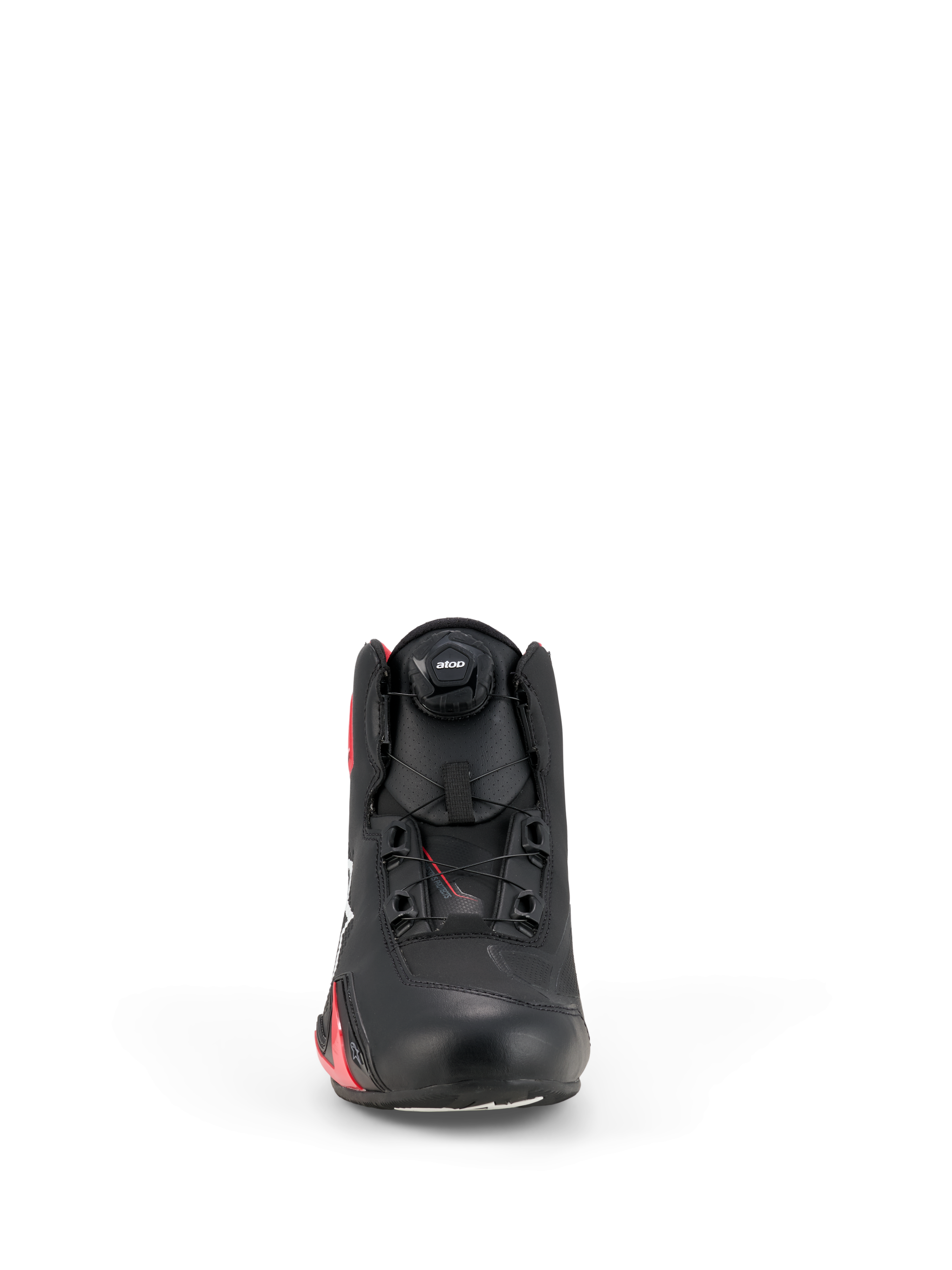 Alpinestars Celer schoenen, motorschoenen, zwart en felrood, vooraanzicht met het Rotor-sluitingssysteem, technisch microvezel bovenwerk en gestroomlijnd, op racen geïnspireerd ontwerp