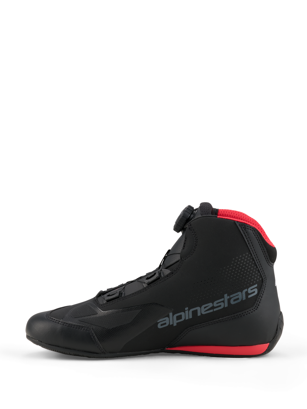 Alpinestars Celer Shoes, motorschoenen, zwart en felrood, zijaanzicht met het Alpinestars Rotor-sluitingssysteem, microvezel bovenwerk met grijs merklogo en rode accenten op de mesh kraag en zool.