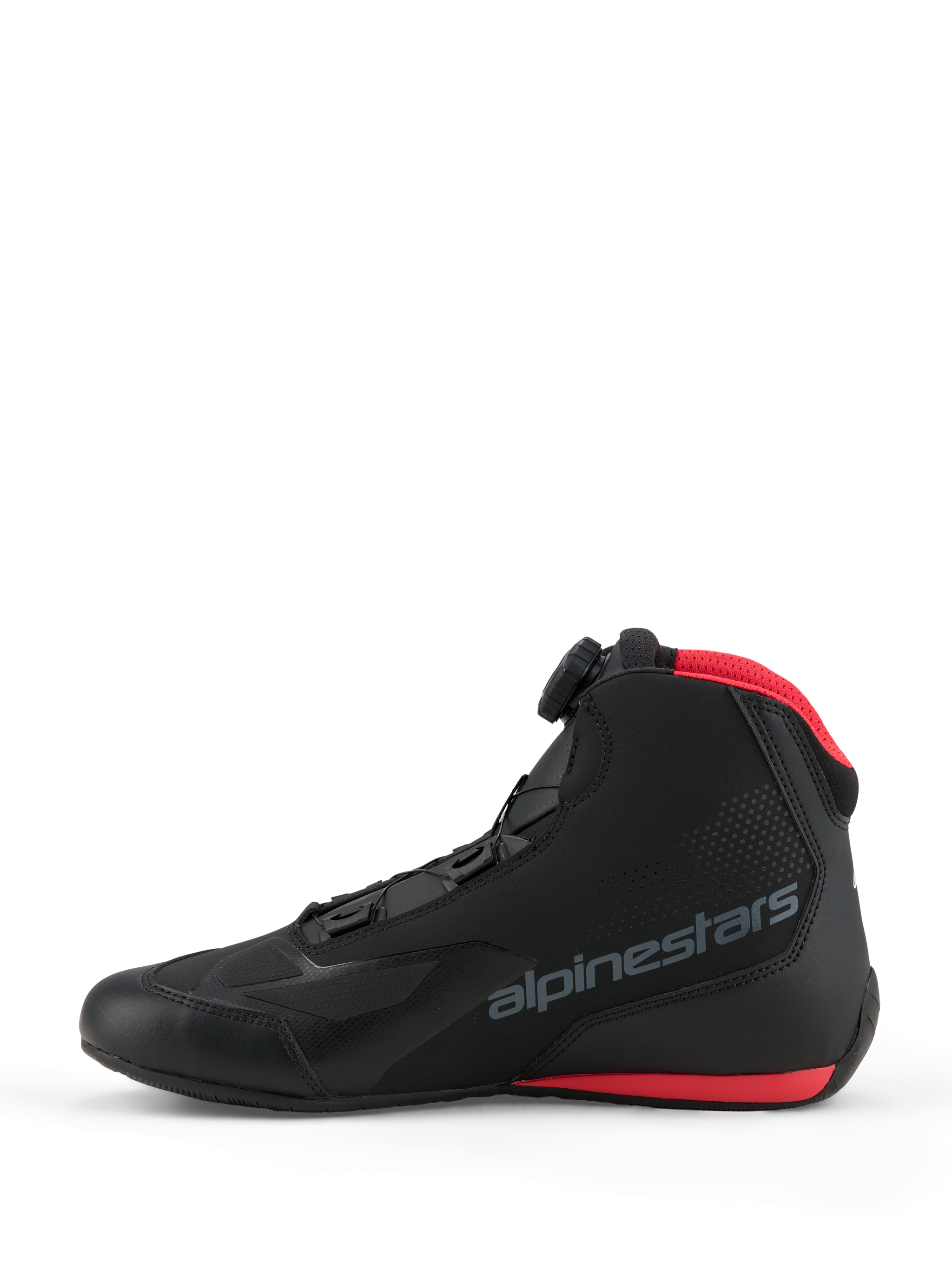 Alpinestars Celer Shoes, motorschoenen, zwart en felrood, zijaanzicht met het Alpinestars Rotor-sluitingssysteem, microvezel bovenwerk met grijs merklogo en rode accenten op de mesh kraag en zool.