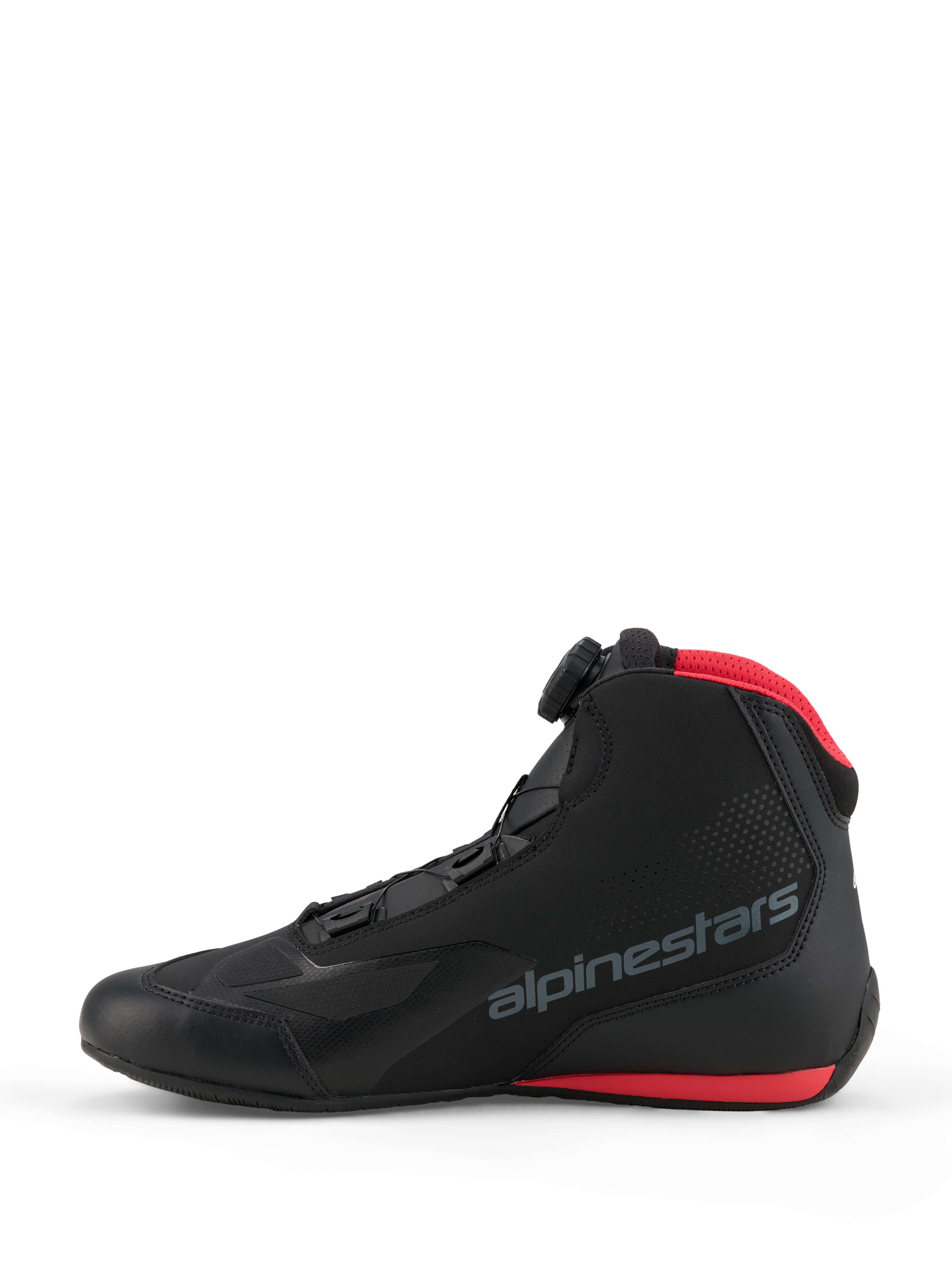 Alpinestars Celer Shoes, motorschoenen, zwart en felrood, zijaanzicht met het Alpinestars Rotor-sluitingssysteem, microvezel bovenwerk met grijs merklogo en rode accenten op de mesh kraag en zool.