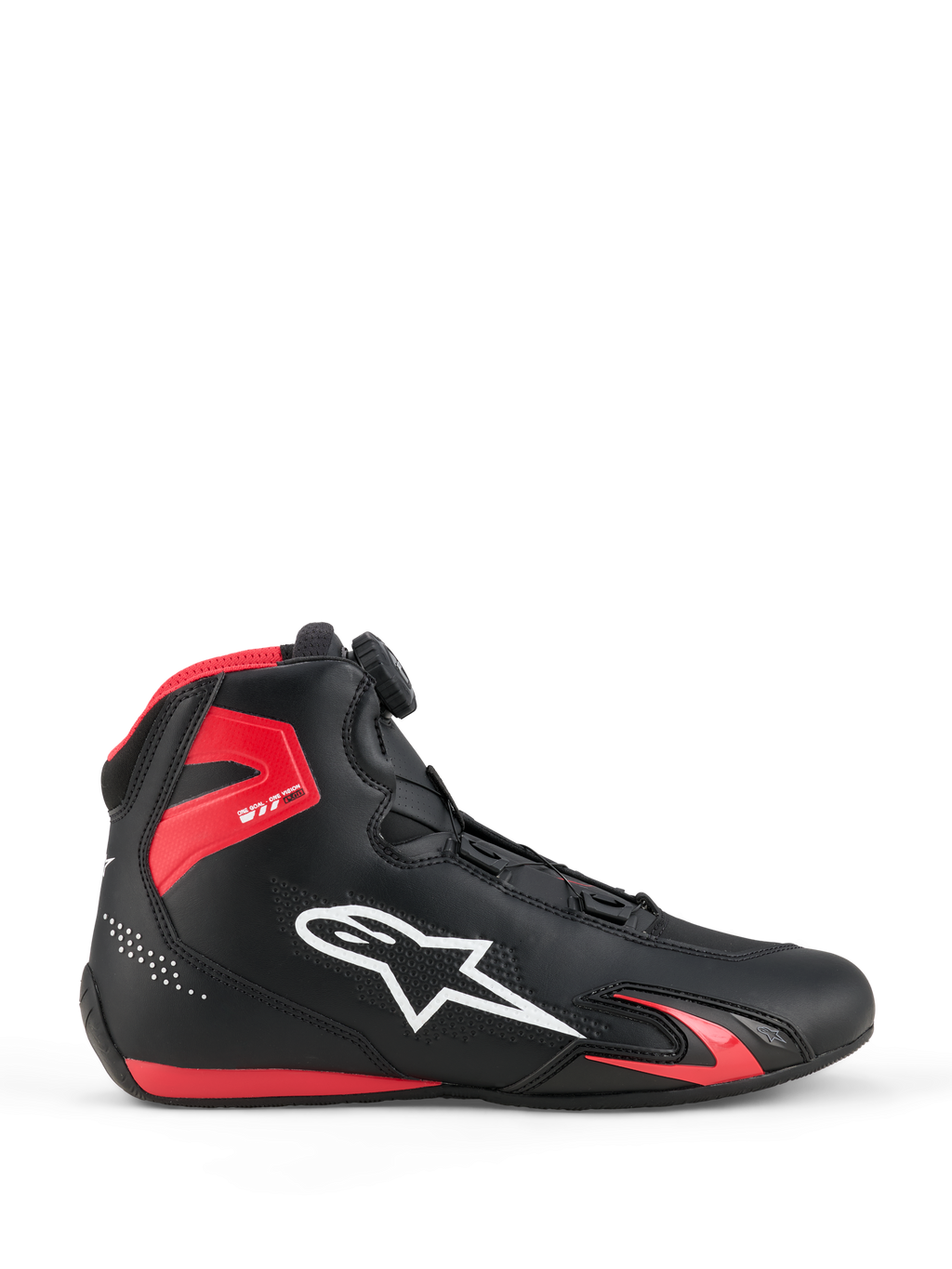 Alpinestars Celer schoenen, motorschoenen, zwart en felrood, zijaanzicht met wit Alpinestars-logo, Rotor-sluitingssysteem, rode TPU-enkelbescherming en gestroomlijnde microvezelconstructie voor sport en racing