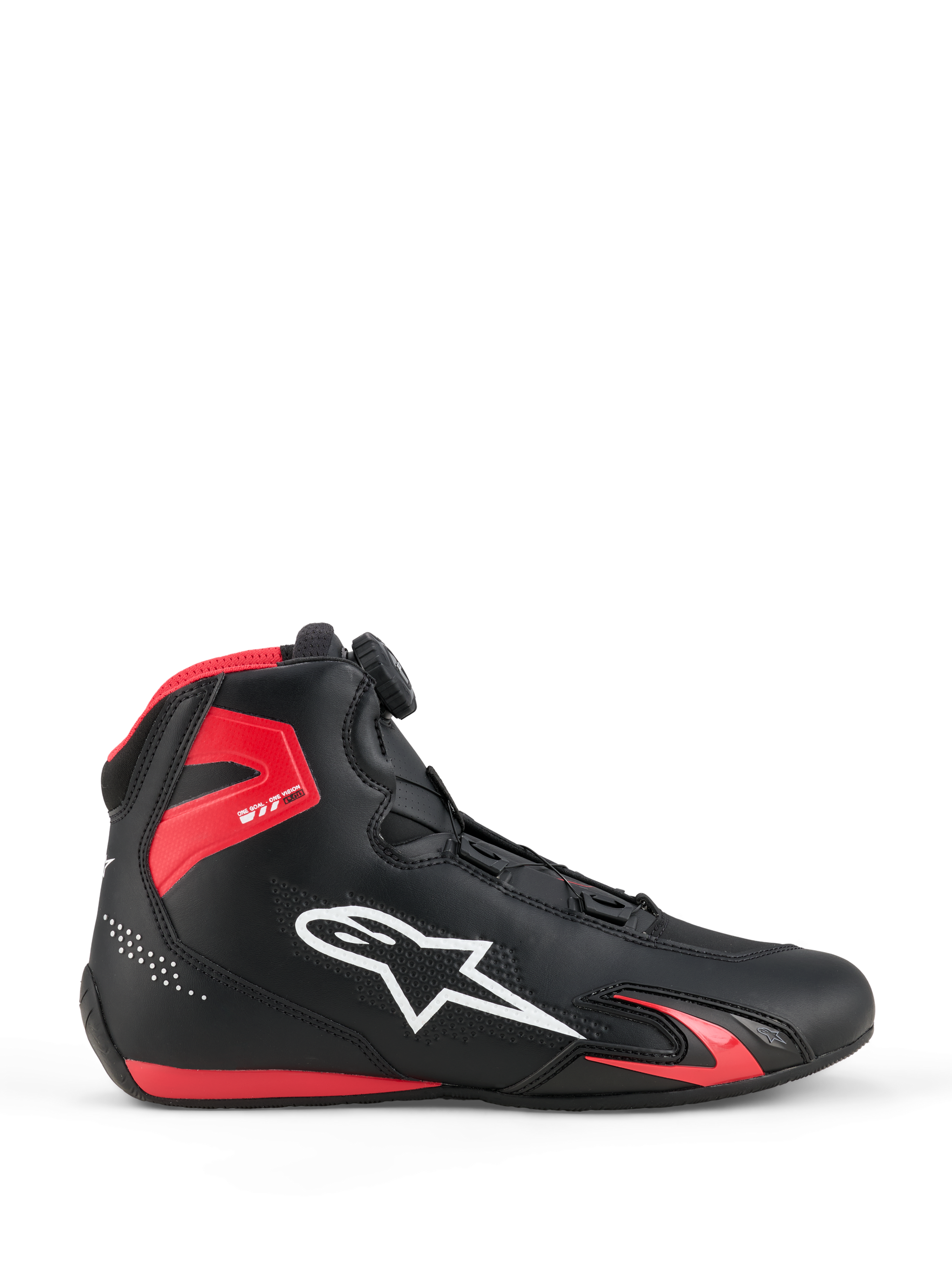 Alpinestars Celer schoenen, motorschoenen, zwart en felrood, zijaanzicht met wit Alpinestars-logo, Rotor-sluitingssysteem, rode TPU-enkelbescherming en gestroomlijnde microvezelconstructie voor sport en racing
