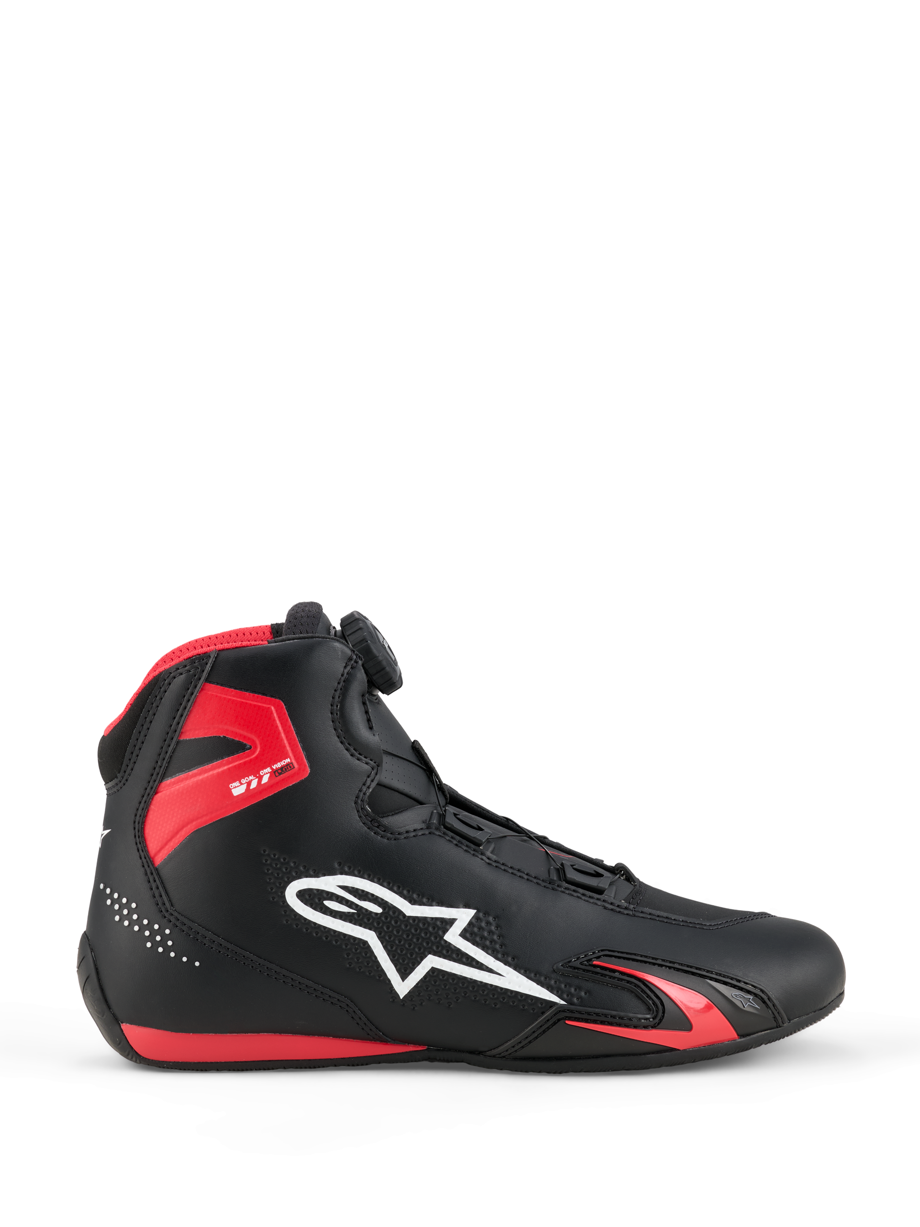 Alpinestars Celer schoenen, motorschoenen, zwart en felrood, zijaanzicht met wit Alpinestars-logo, Rotor-sluitingssysteem, rode TPU-enkelbescherming en gestroomlijnde microvezelconstructie voor sport en racing