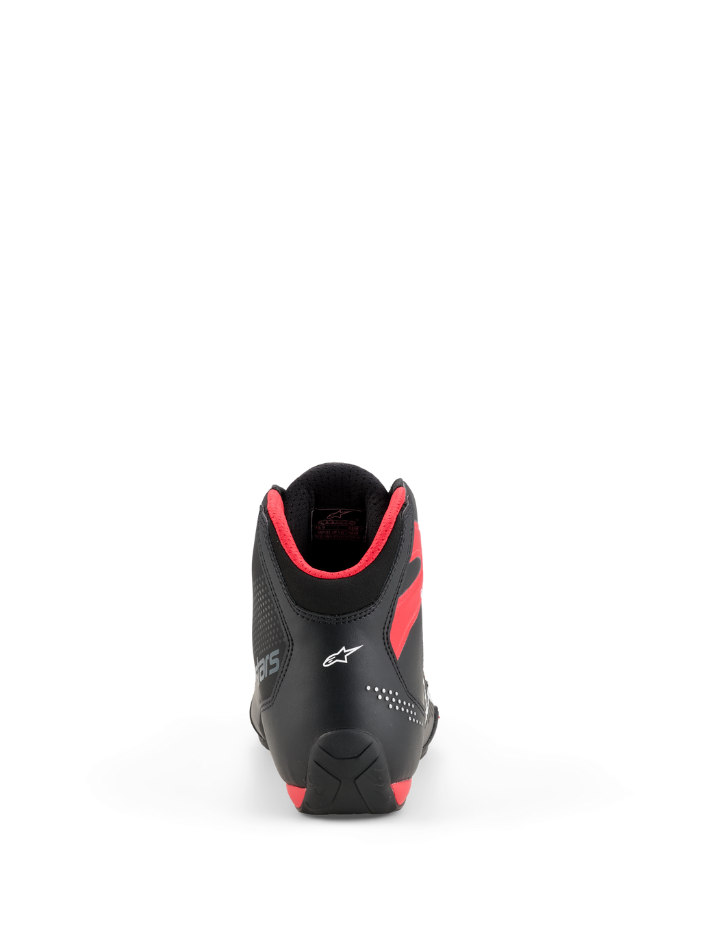 Alpinestars Celer schoenen, motorschoenen, zwart en felrood, achteraanzicht met wit Astar-logo op de hiel en felrode kraagvulling, strak sportief prestatiegericht ontwerp