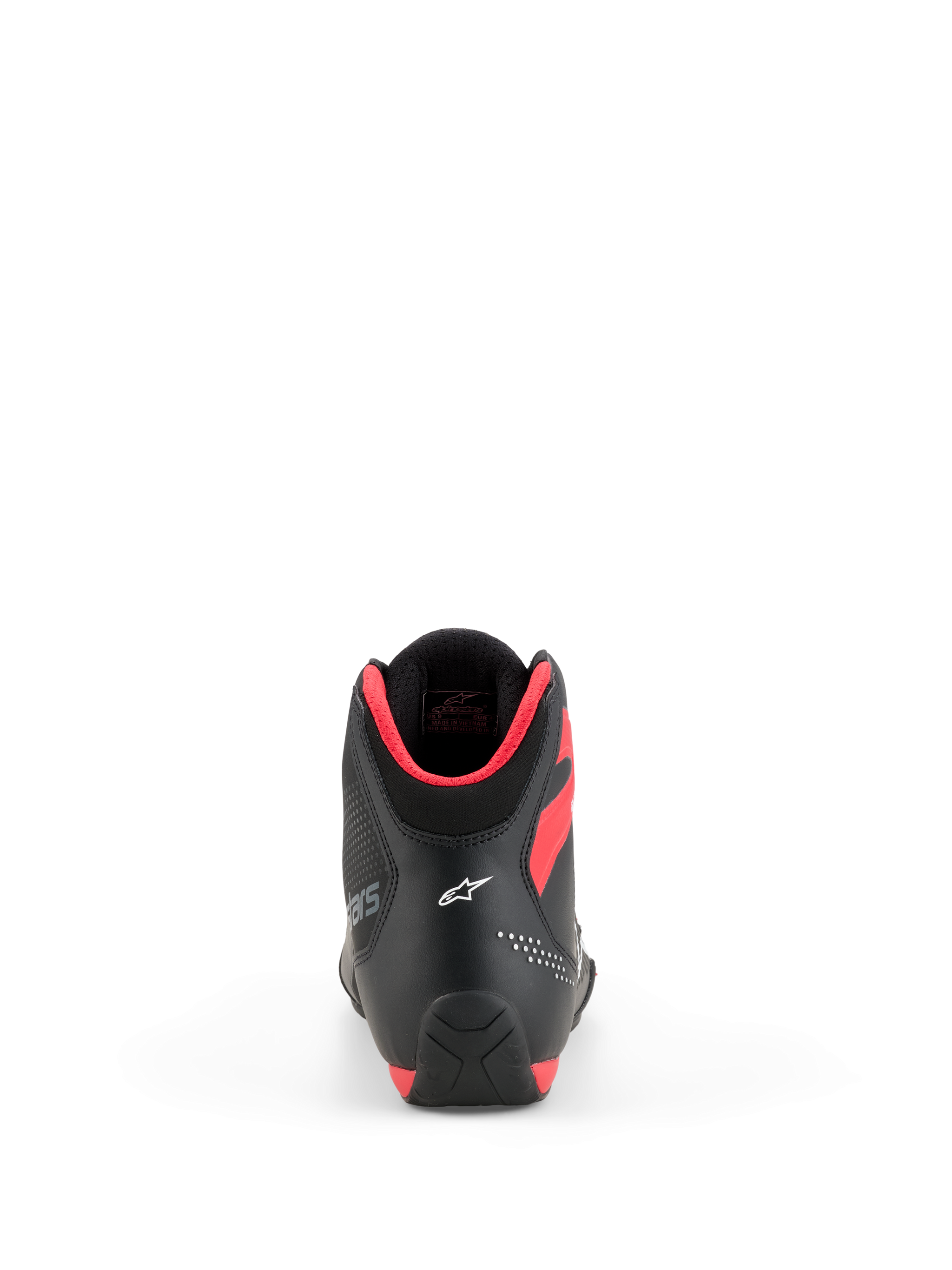 Alpinestars Celer schoenen, motorschoenen, zwart en felrood, achteraanzicht met wit Astar-logo op de hiel en felrode kraagvulling, strak sportief prestatiegericht ontwerp