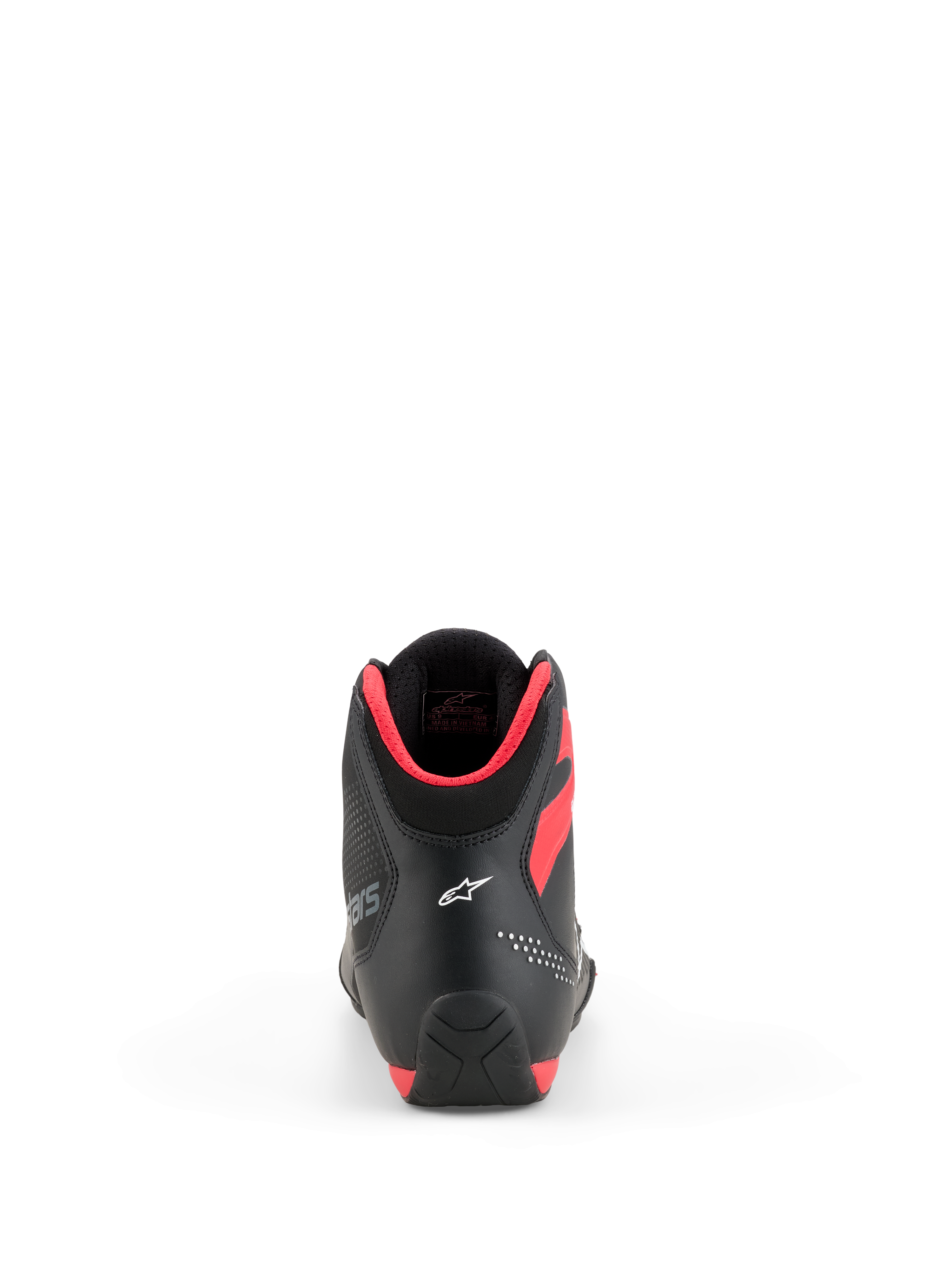 Alpinestars Celer schoenen, motorschoenen, zwart en felrood, achteraanzicht met wit Astar-logo op de hiel en felrode kraagvulling, strak sportief prestatiegericht ontwerp