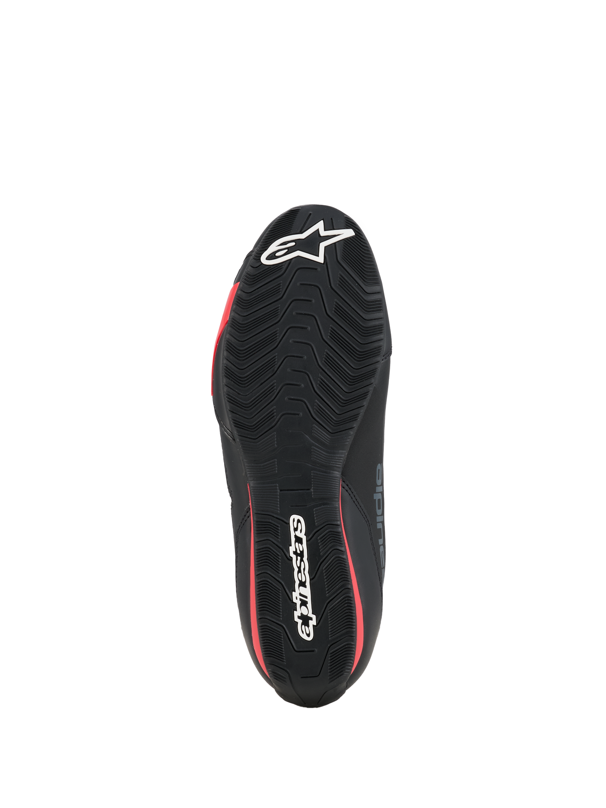 Alpinestars Celer schoenen, motorschoenen, zwart en felrood, onderaanzicht van de getextureerde rubberen zool met witte Alpinestars-branding en rode accenten.