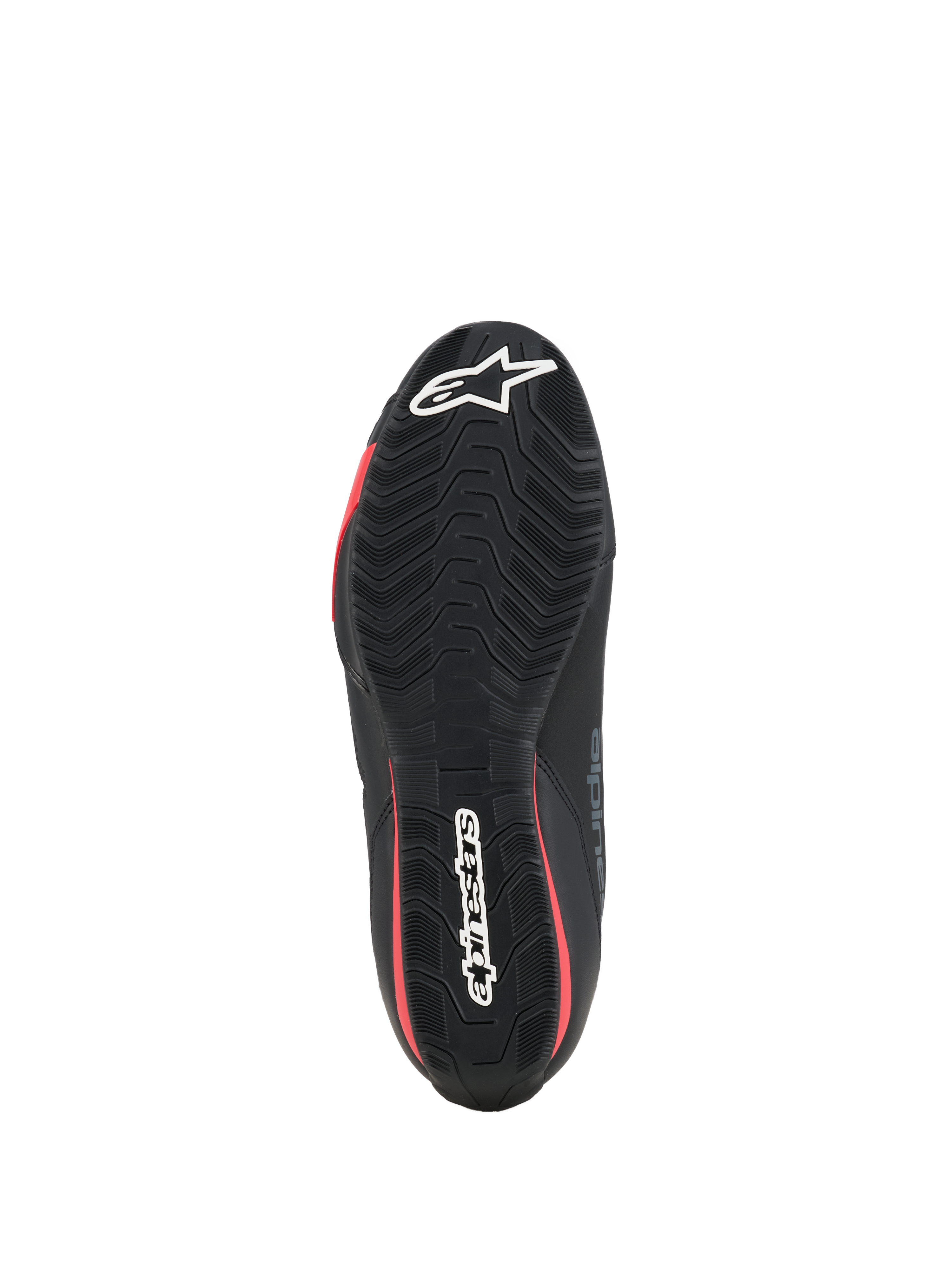 Alpinestars Celer schoenen, motorschoenen, zwart en felrood, onderaanzicht van de getextureerde rubberen zool met witte Alpinestars-branding en rode accenten.