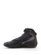 Alpinestars Celer Superair Shoes, Black and Dark Gray, sport riding motorcycle shoes, side profile view featuring high-airflow textile upper, Rotor Closure System dial, and gray Alpinestars branding on the side.