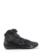 Alpinestars Celer Superair Shoes, motorcycle riding shoes, Black and Dark Gray, side profile with high-airflow textile construction, featuring a Rotor Closure System and protective TPU reinforcements, sleek athletic motorsport design.