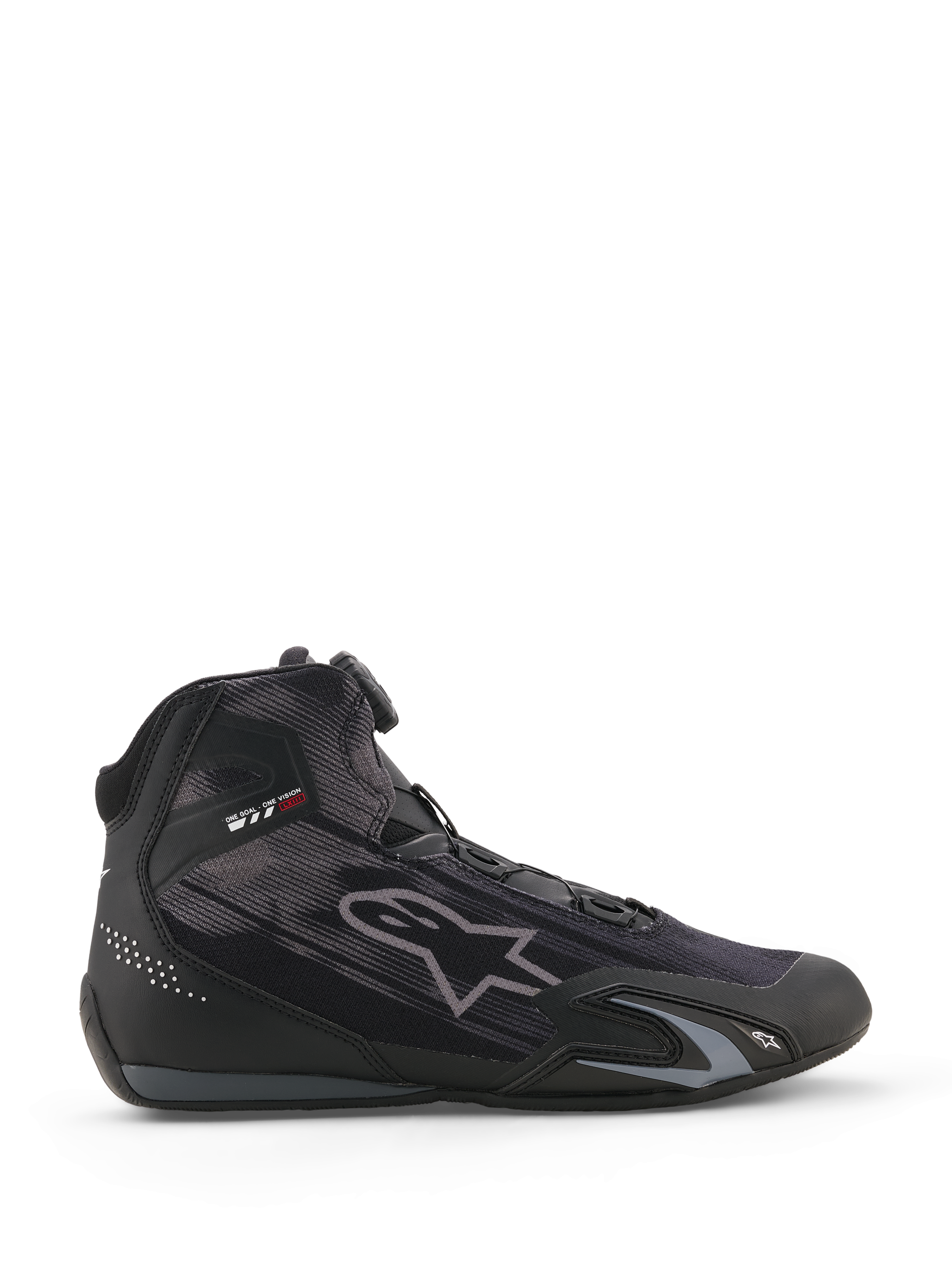 Alpinestars Celer Superair schoenen, motorschoenen, zwart en donkergrijs, zijprofiel met textielconstructie voor hoge luchtstroom, voorzien van een Rotor-sluitingssysteem en beschermende TPU-verstevigingen, gestroomlijnd sportief motorsportontwerp.