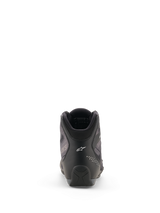 Alpinestars Celer Superair Shoes, Motorcycle Riding Shoes, Black and Dark Gray, rear view featuring the white Alpinestars logo on the heel, technical microfiber and airflow textile construction, sleek sport-riding design