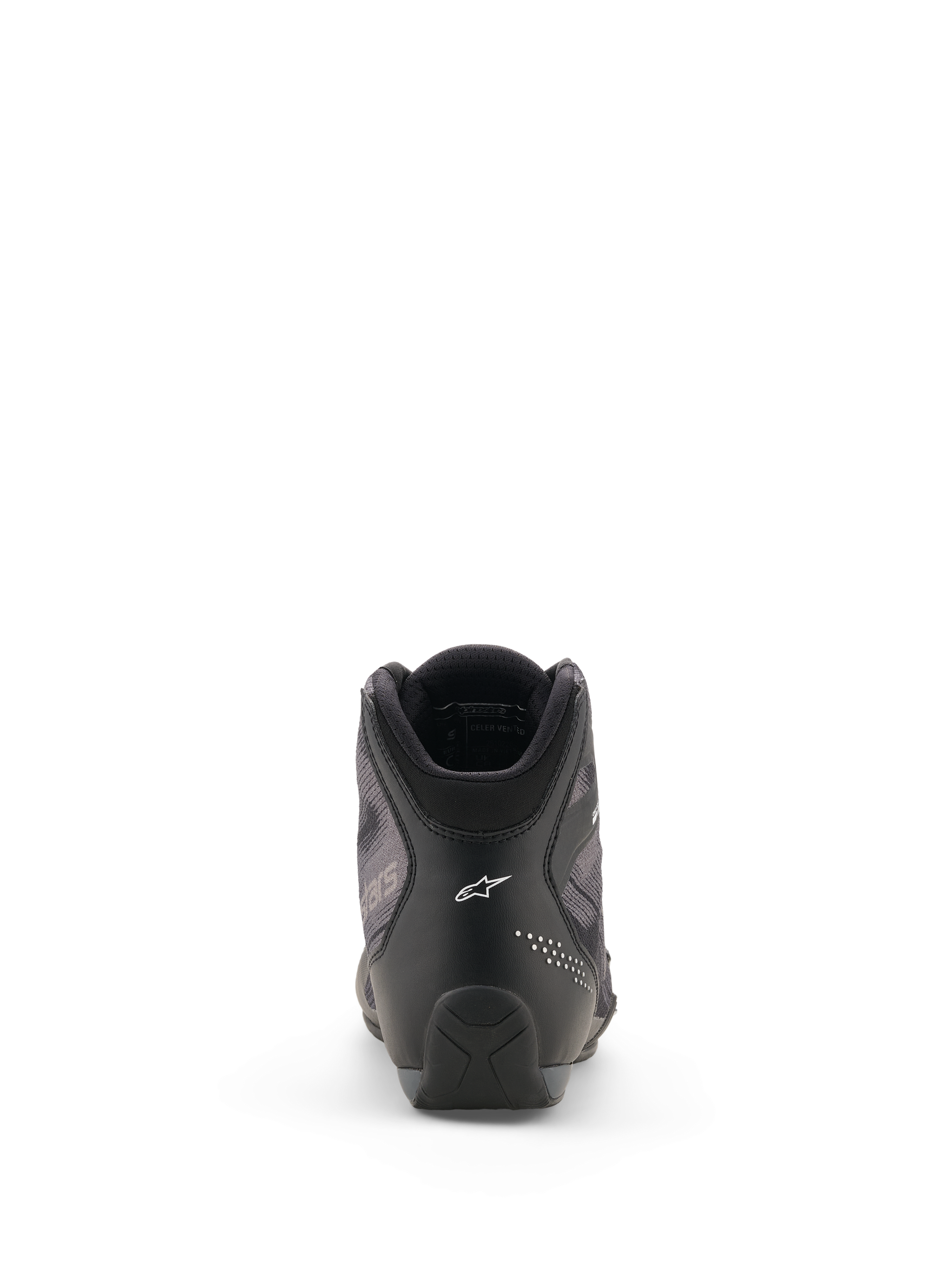 Alpinestars Celer Superair Shoes, Motorcycle Riding Shoes, Black and Dark Gray, rear view featuring the white Alpinestars logo on the heel, technical microfiber and airflow textile construction, sleek sport-riding design